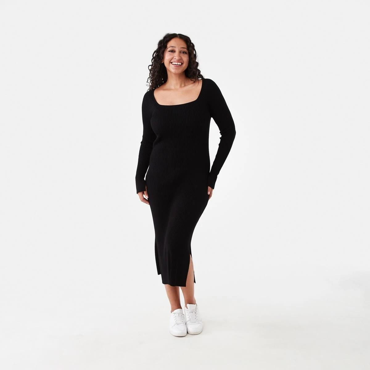 1 Long Sleeve Square Neck Knit Midi Dress Black, 1 of 6