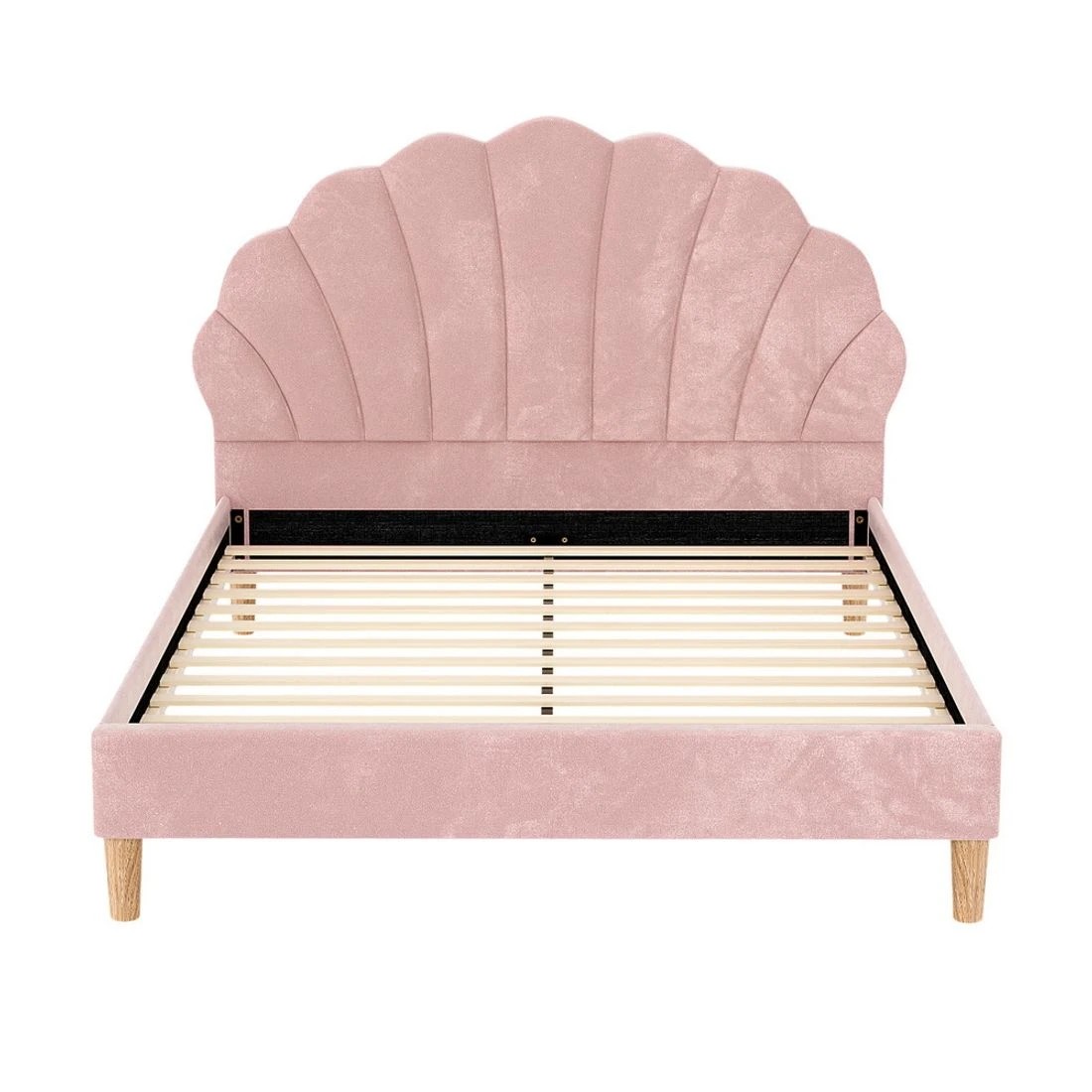 4 Artiss Bed Frame Double Size Scallop-Shape Bedhead Beds Base  Velvet Fabric - Pink, 4 of 7