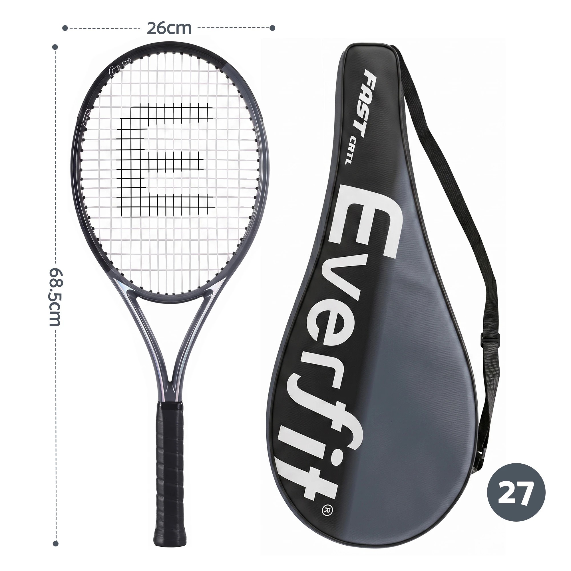 2 Everfit 27 Inch Tennis Racket Lightweight Adult Racquet with Larger Head and Cushioned Grip for Beginners - Black, 2 of 9