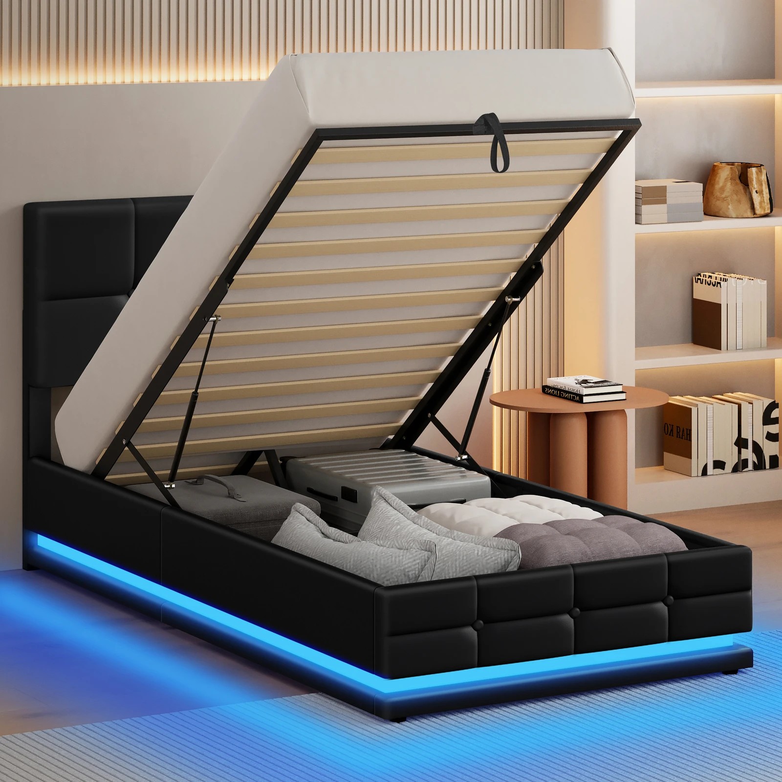 4 Alfordson Bed Frame Single Size Platform RGB LED Gas Lift Base Storage - Black, 4 of 10