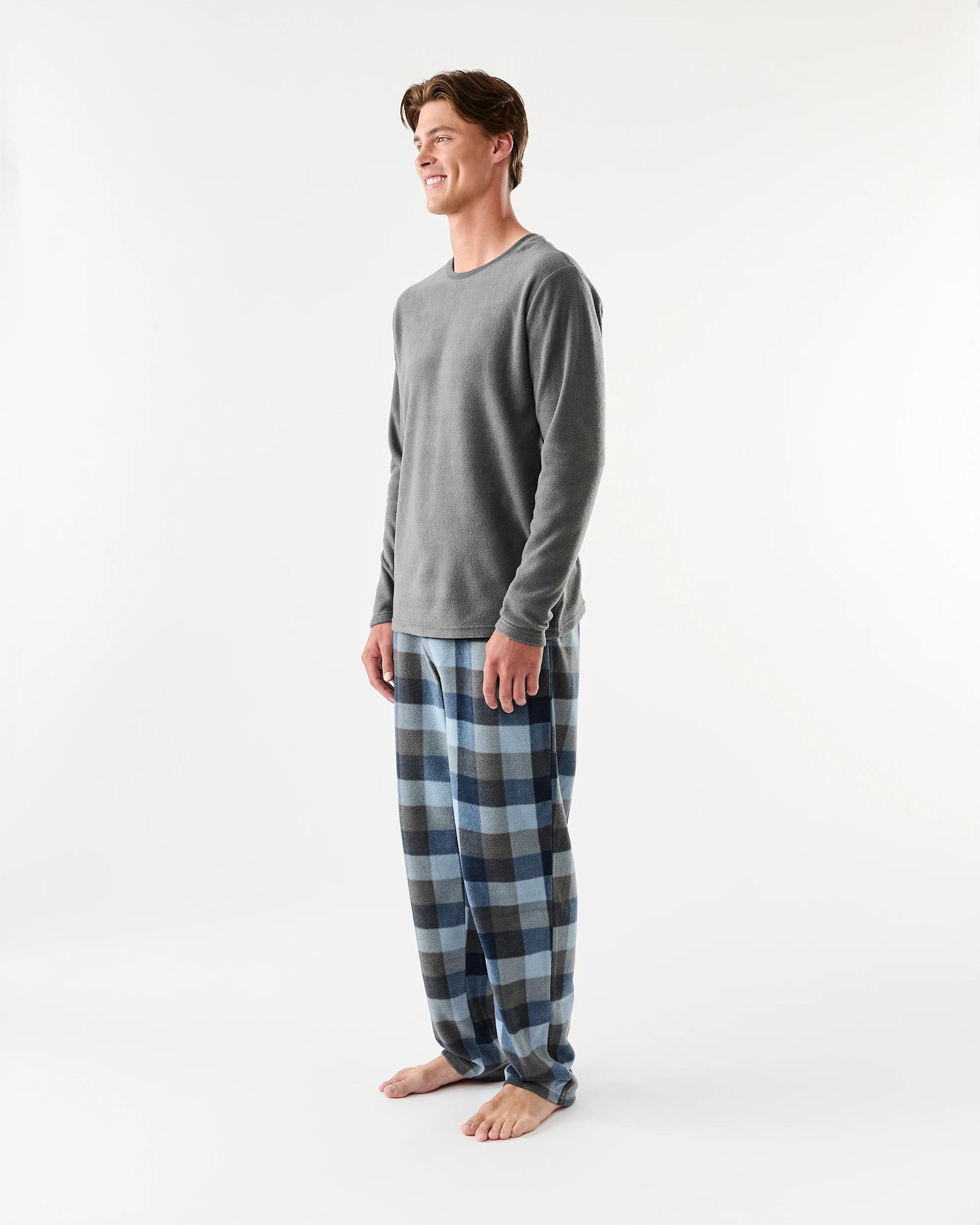 2 Long Sleeve Fleece Pyjama Set Gry Check, 2 of 7