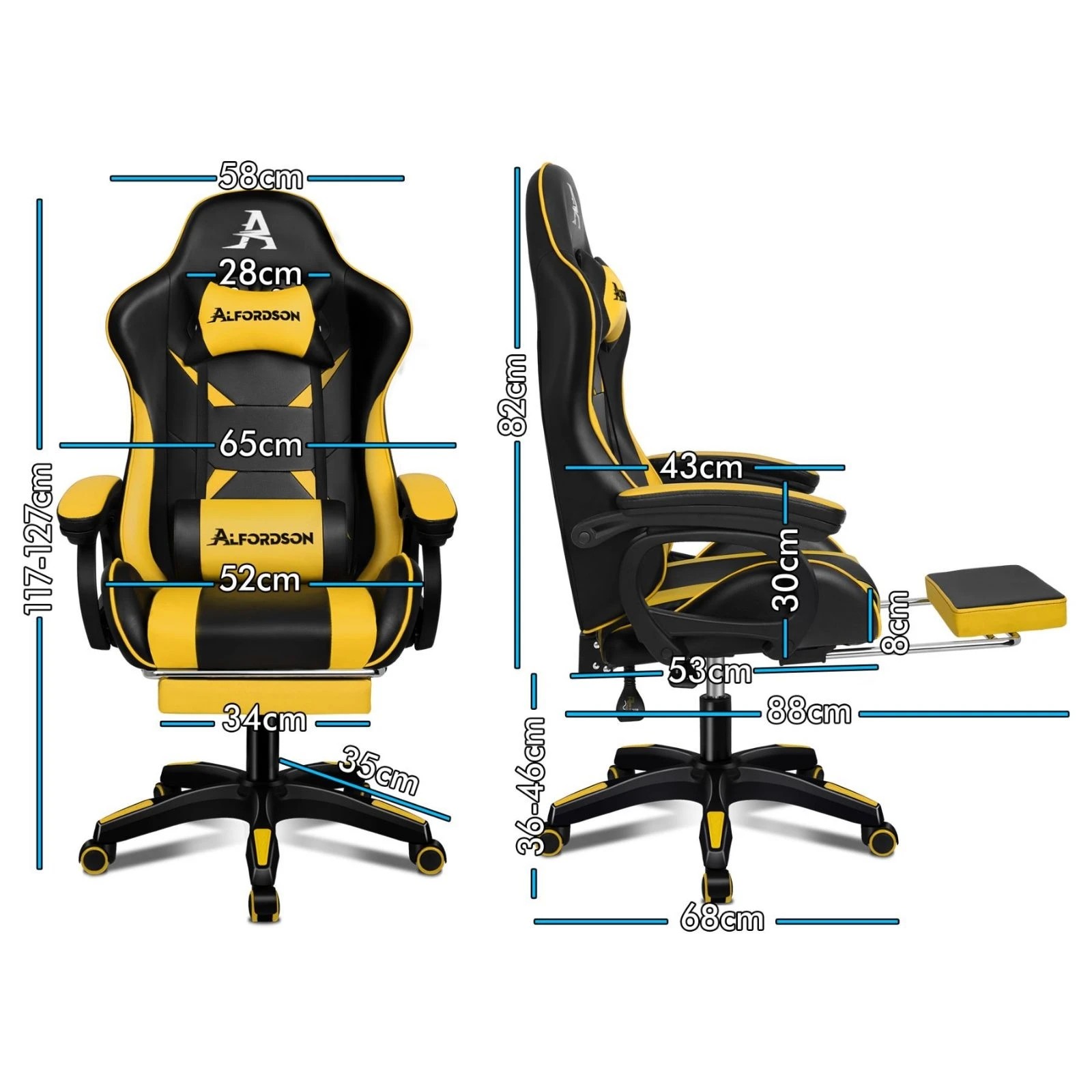 3 Alfordson Gaming Office Chair Massage Racing Computer Seat Footrest Leather - Yellow, 3 of 10