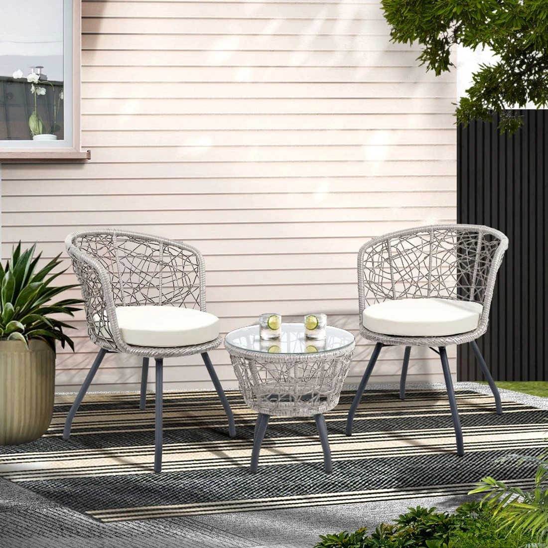 3 Gardeon 3pc Bistro Set Outdoor Furniture Rattan Table Chairs Patio Garden Cushion
 - Grey, 3 of 3
