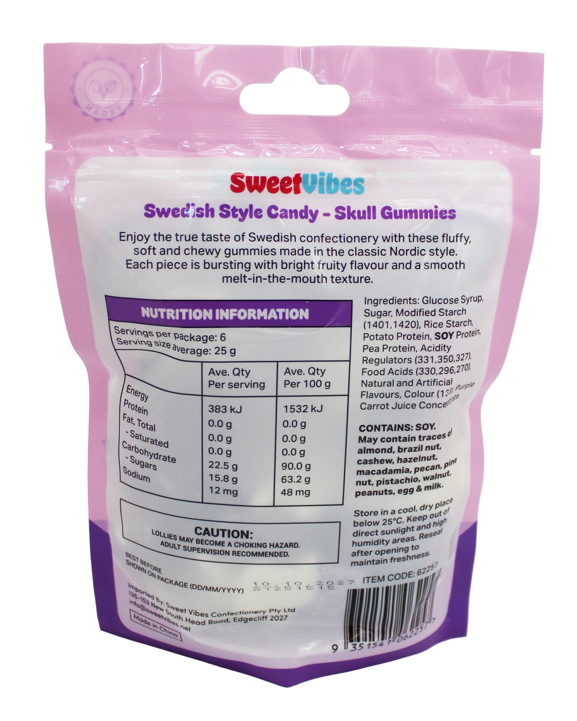 2 Sweet Vibes Swedish Style Candy Skull Gummies 150g - Sour Grape, 2 of 2