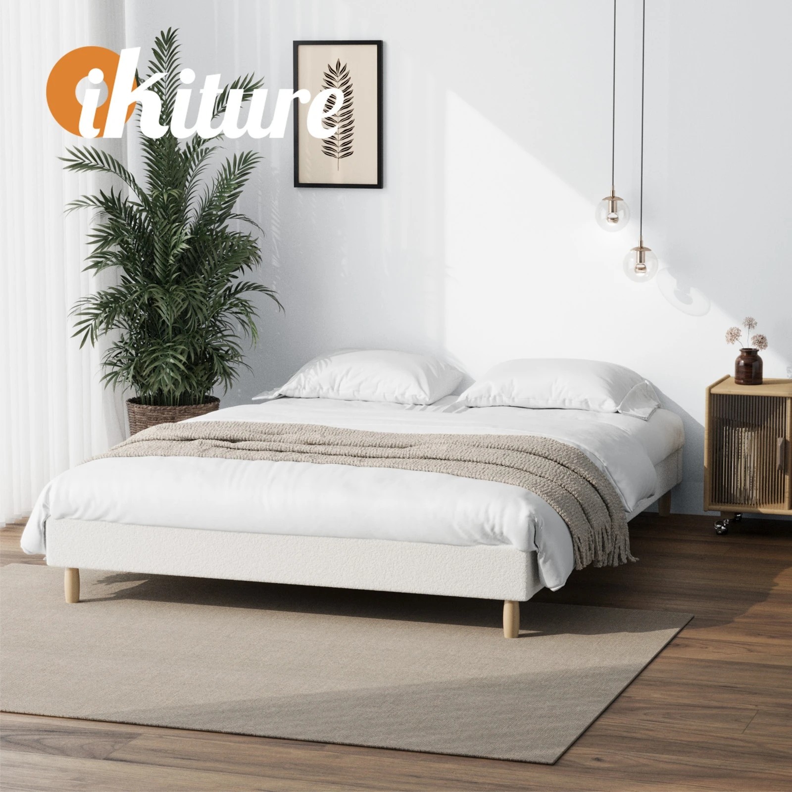 5 Oikiture Queen Bed Base Boucle Bed Frame
 - White, 5 of 10