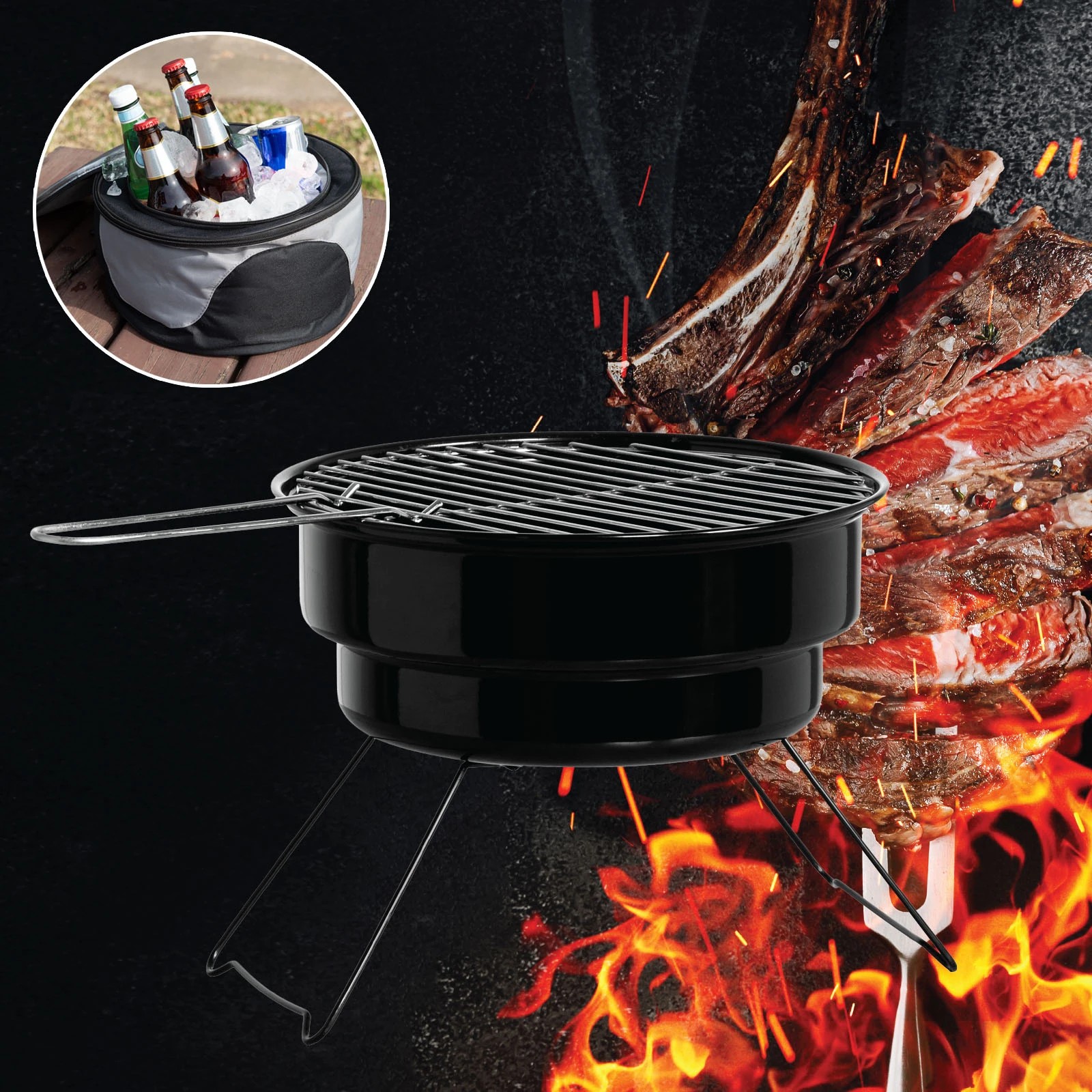 6 Havana Outdoors 2-IN-1 BBQ Grill Cooler Combo Set Outdoor Camping Picnic - Black - Black, 6 of 10
