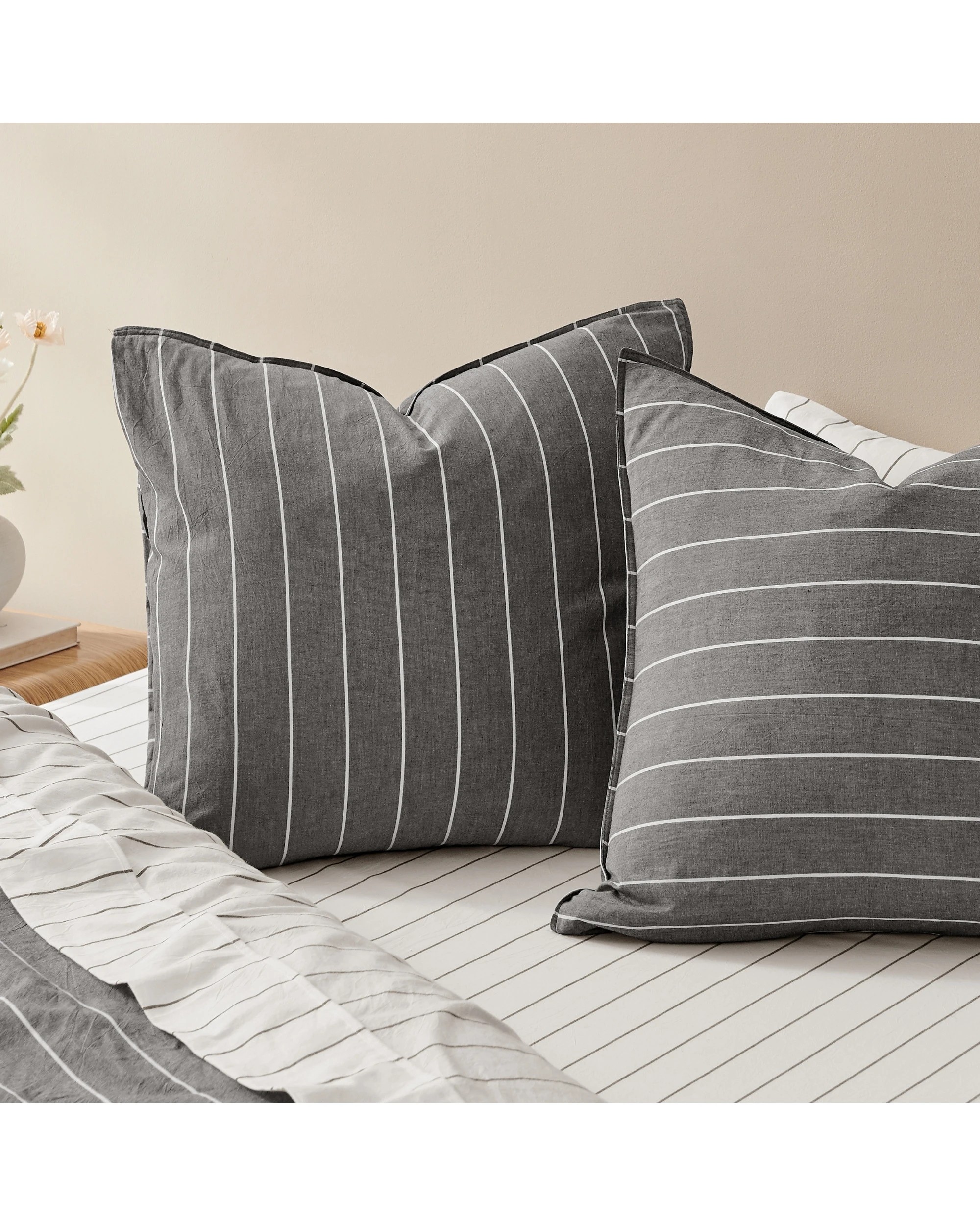 3 Dreamaker Rumi Stripe Washed Cotton Reversible European Pillowcase Twin Pack - Graphite with White, 3 of 4