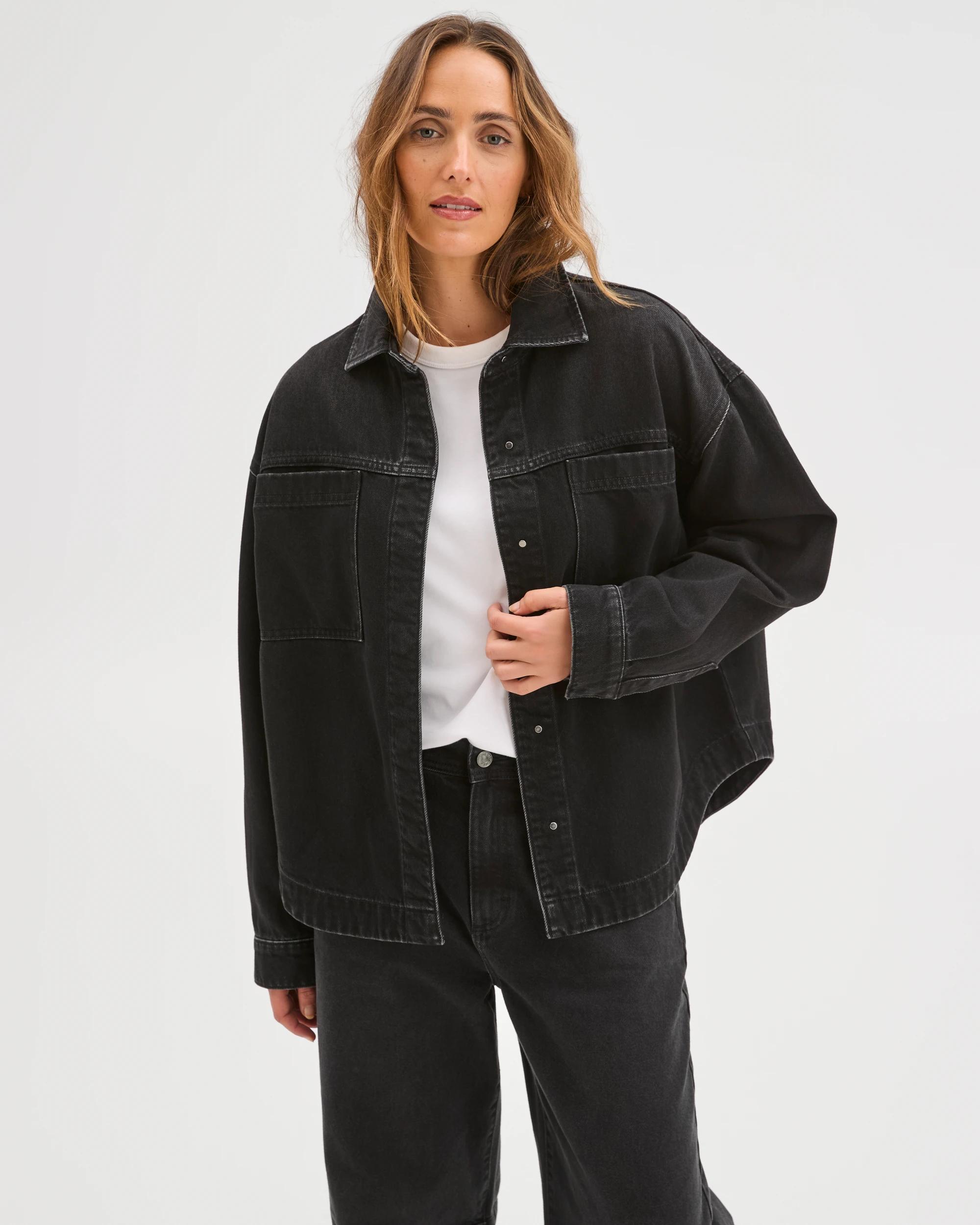 6 Target Denim Long Sleeve Denim Shacket WORN BLACK, 6 of 7