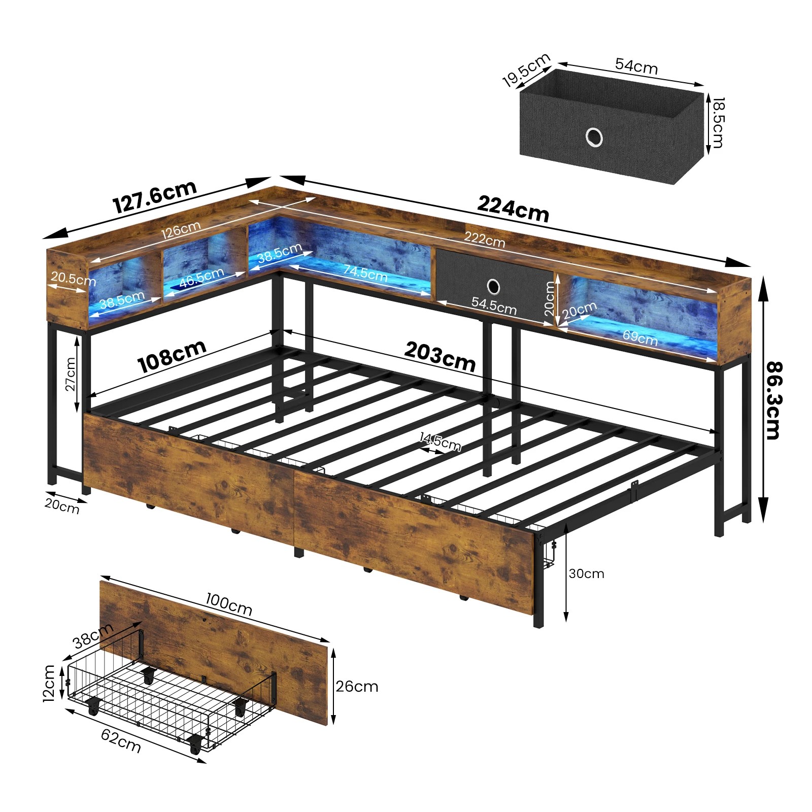 3 Advwin King Single Corner Bed Frame with Storage Drawers, Charging Station and LED Lights - Brown, 3 of 10