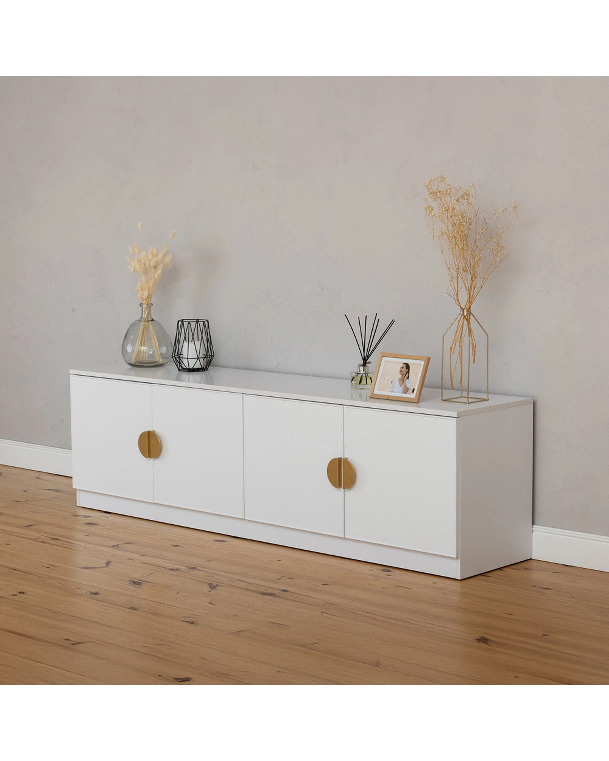 3 European Cabinetry Bucharest Slim Panel TV Unit Brass Half Moon Handle - White, 3 of 4