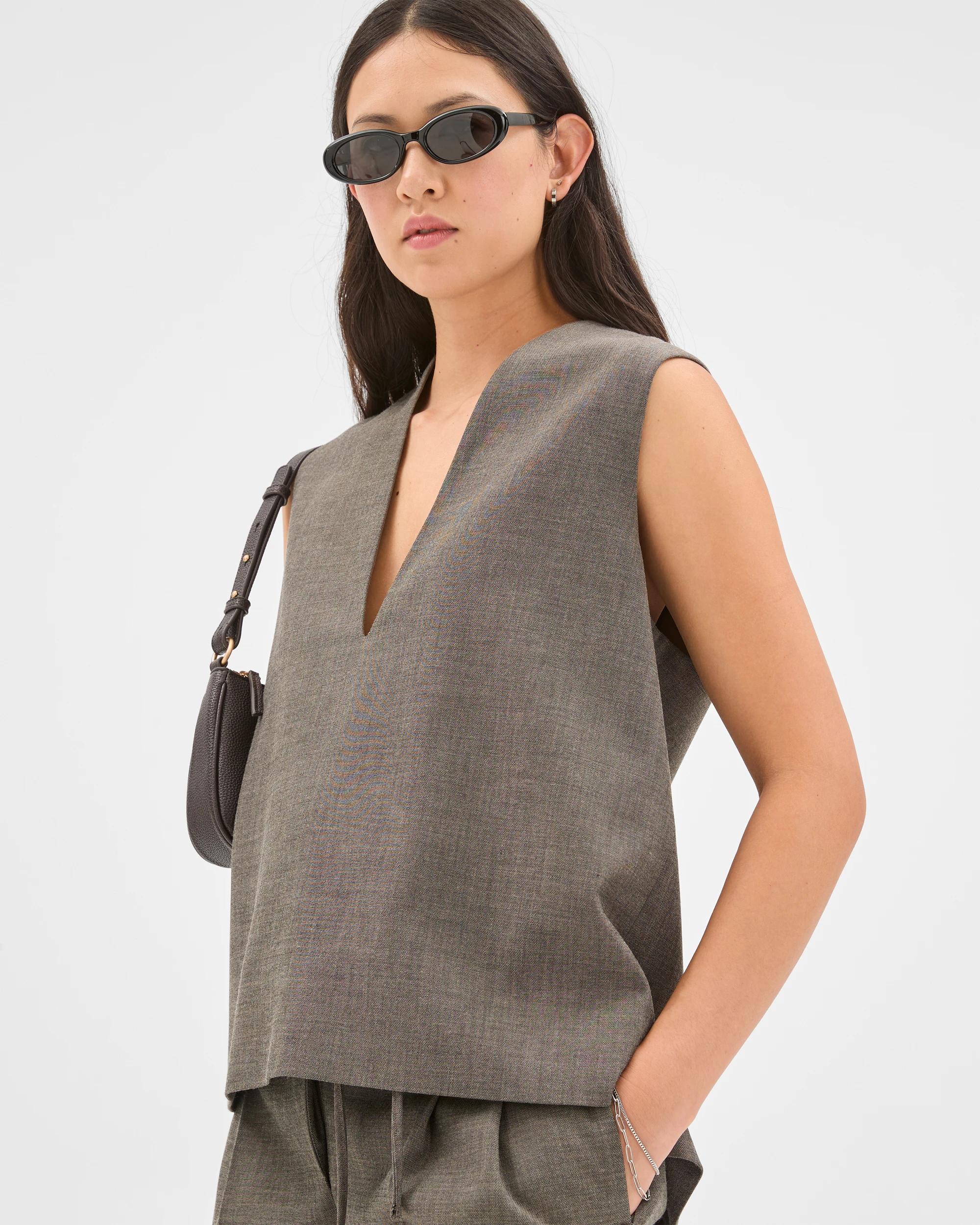 4 Preview Sleeveless Deep V-Neck Tailored Vest DARK CHOCOLATE MELANGE, 4 of 6