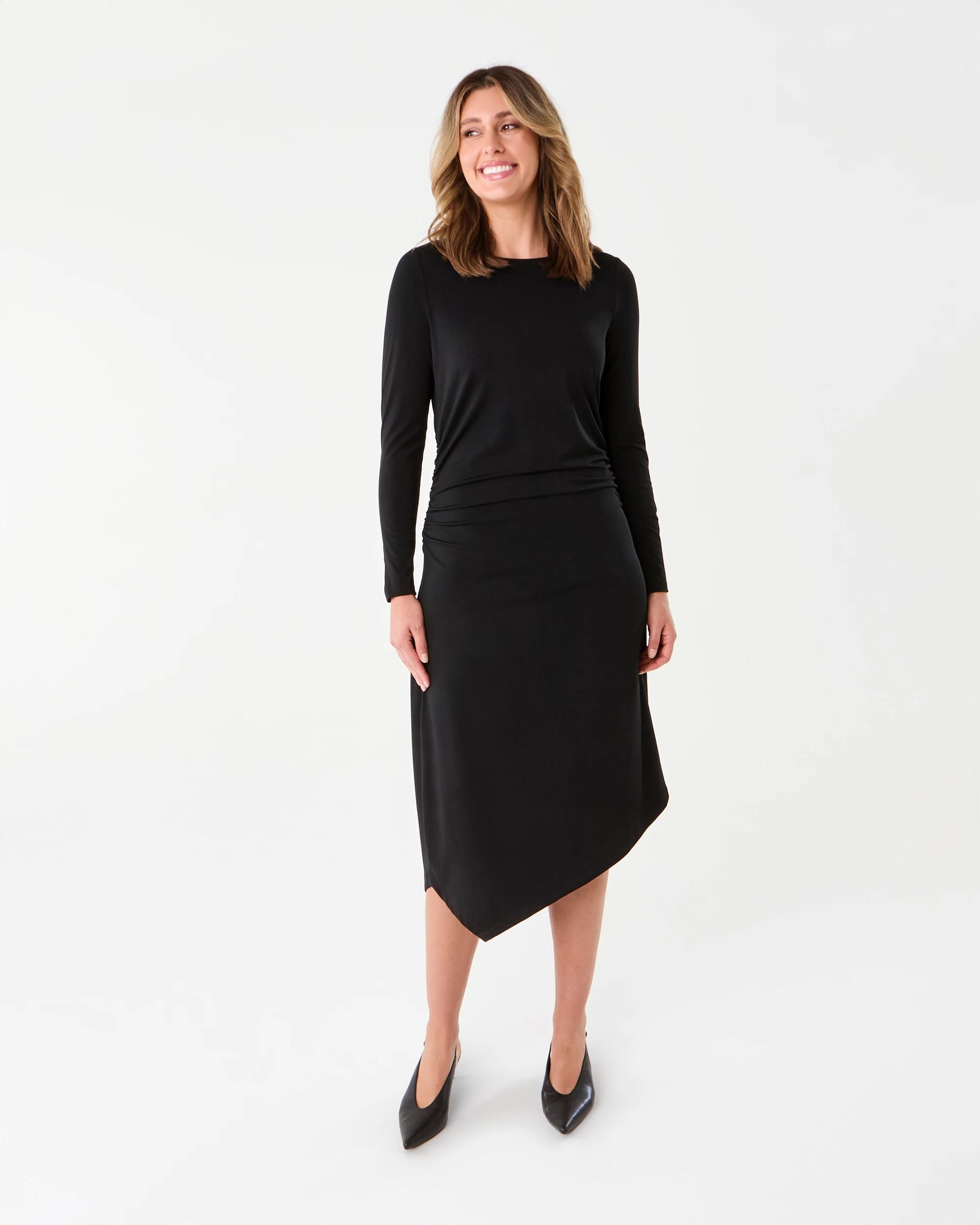 1 Long Sleeve Luxe Asymmetrical Hem Midi Dress Black, 1 of 7