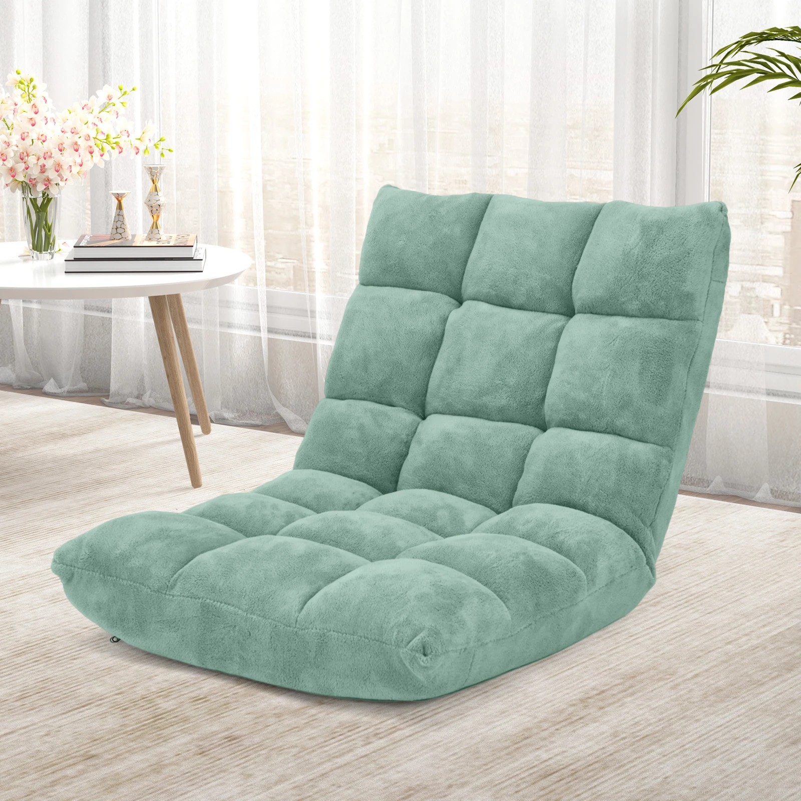 2 Costway Floor Chair Lazy Sofa Velvet Chaise Lounge Lazy Recliner w/14-Position Adjustable Back - Green, 2 of 2