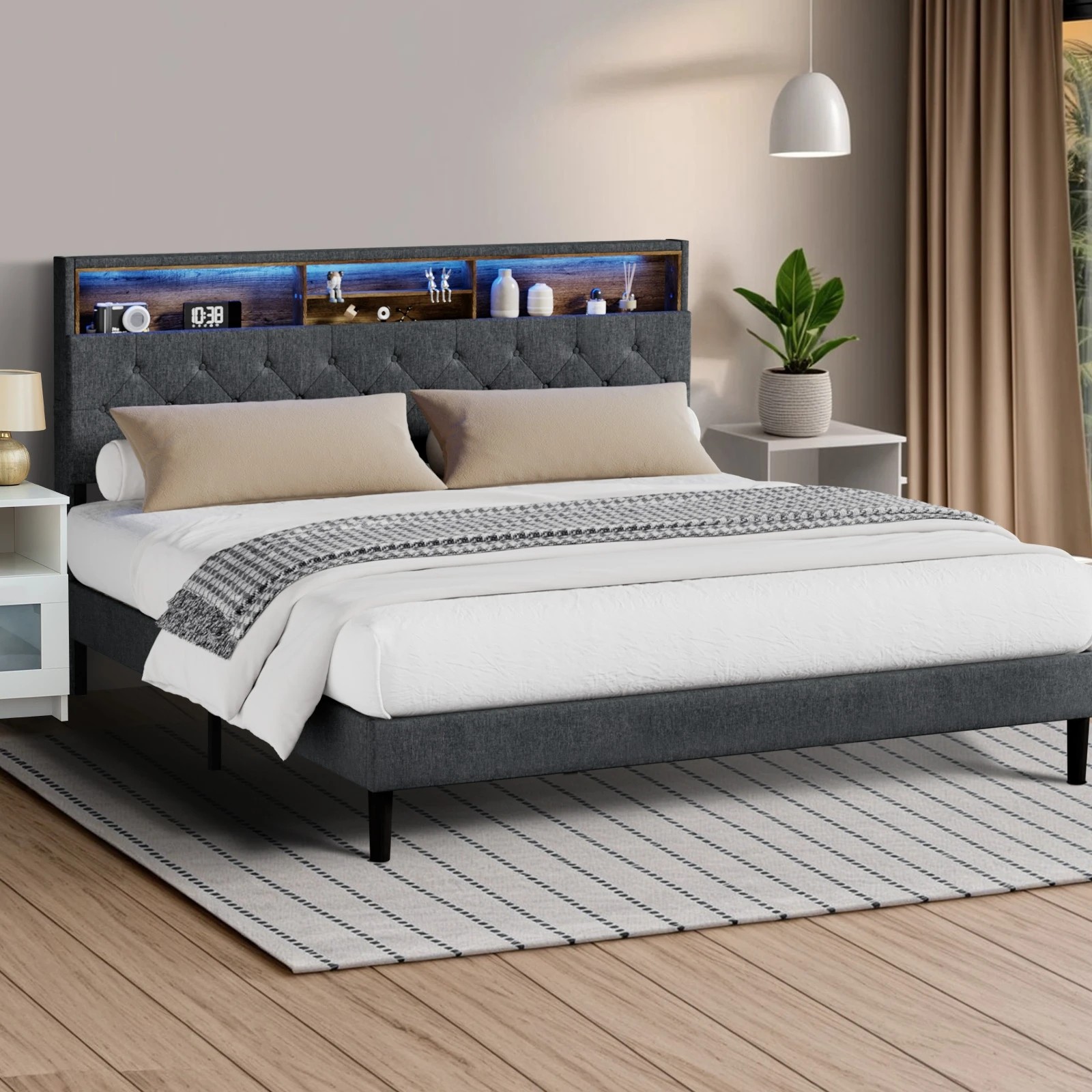 2 Oikiture King Bed With Led Storage Bedhead Bed Frame
 - Grey, 2 of 10
