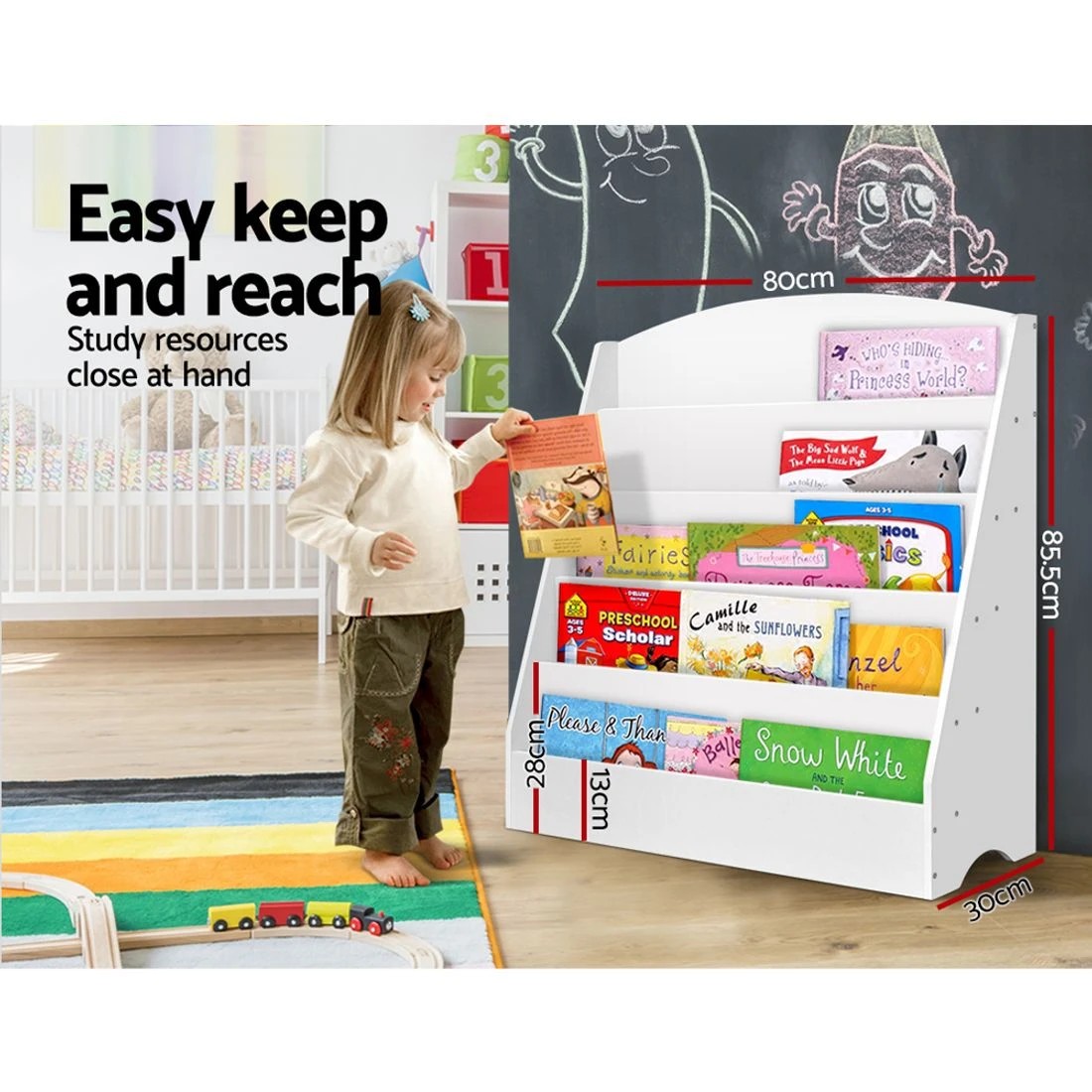 5 Keezi 5 Tiers Kids Bookshelf Magazine Shelf Organiser Bookcase Display Rack Toy Storage Reading Nook Playroom - White, 5 of 8
