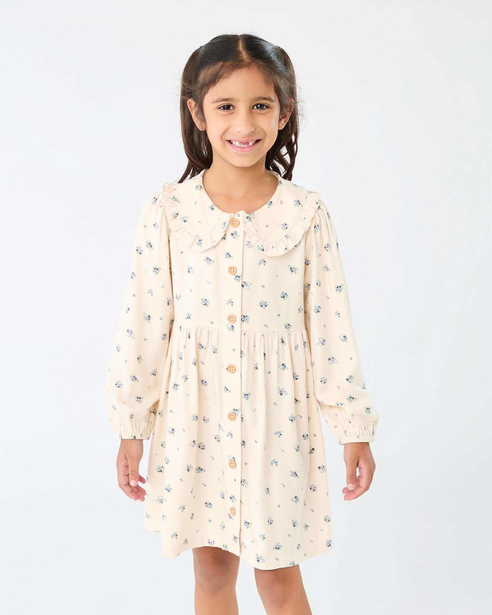 1 Long Sleeves Collared Dress Bge Floral, 1 of 9