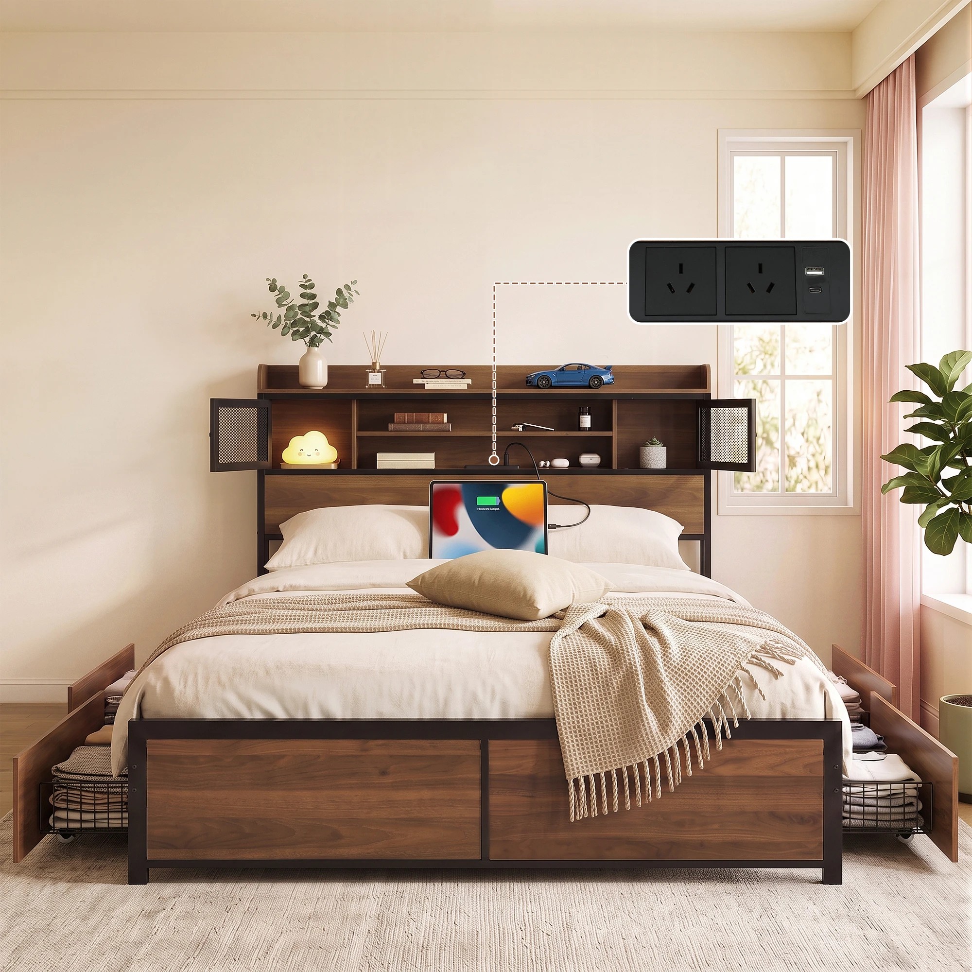 8 Artiss Frame with Charging Station 4 Drawers Storage - Queen Bed - Natural, 8 of 8