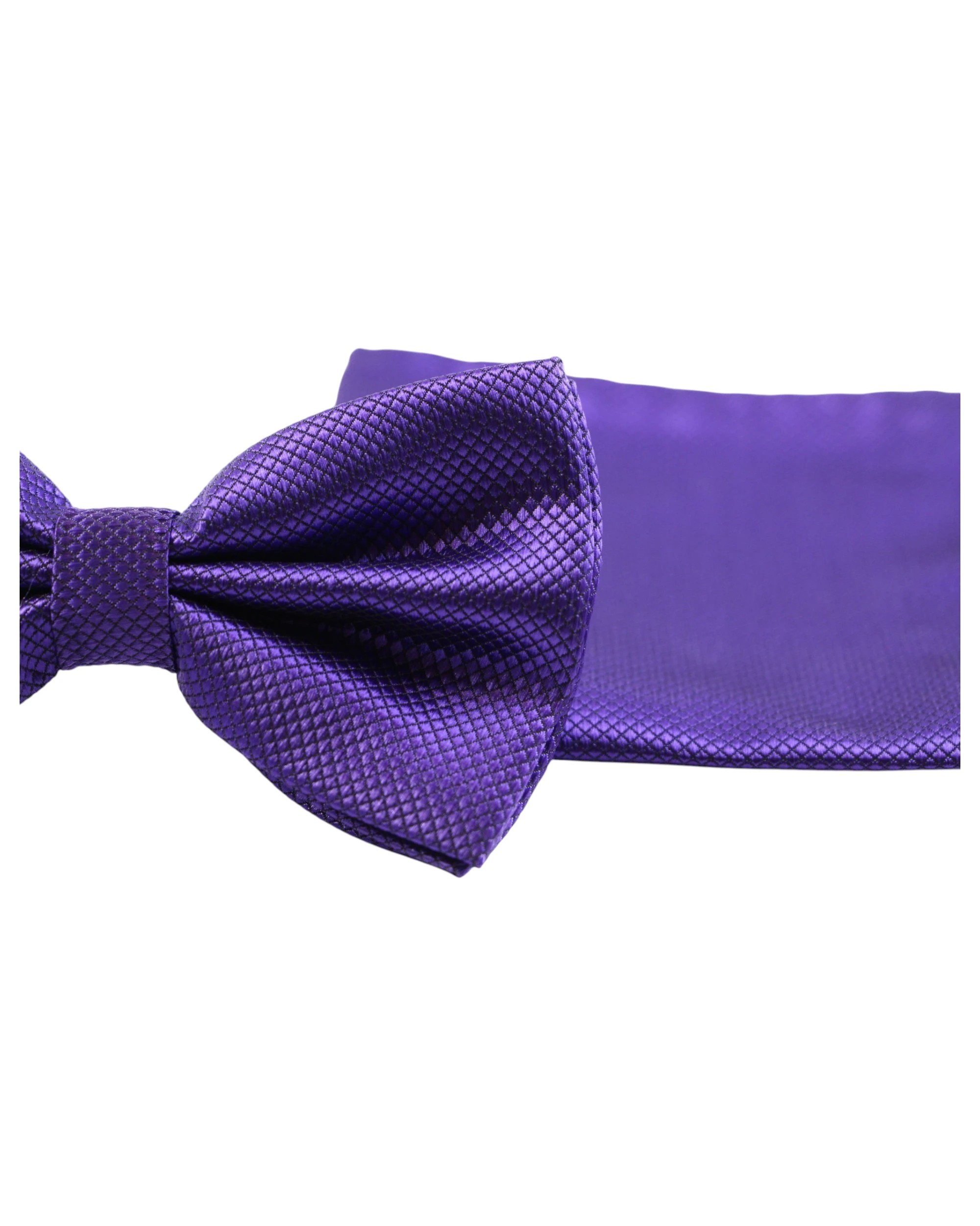 2 Zasel Mens Dark Purple Plain Coloured Checkered Bow Tie & Matching Pocket Square Set - Purple, 2 of 3