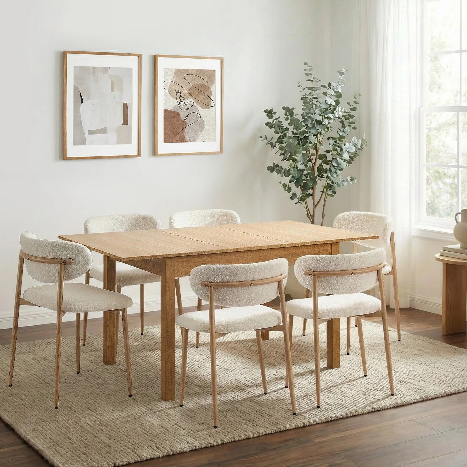 3 Oikiture 7pc Extenable Dining Table and Chairs Wooden Dining Set Boucle - Natural, 3 of 10
