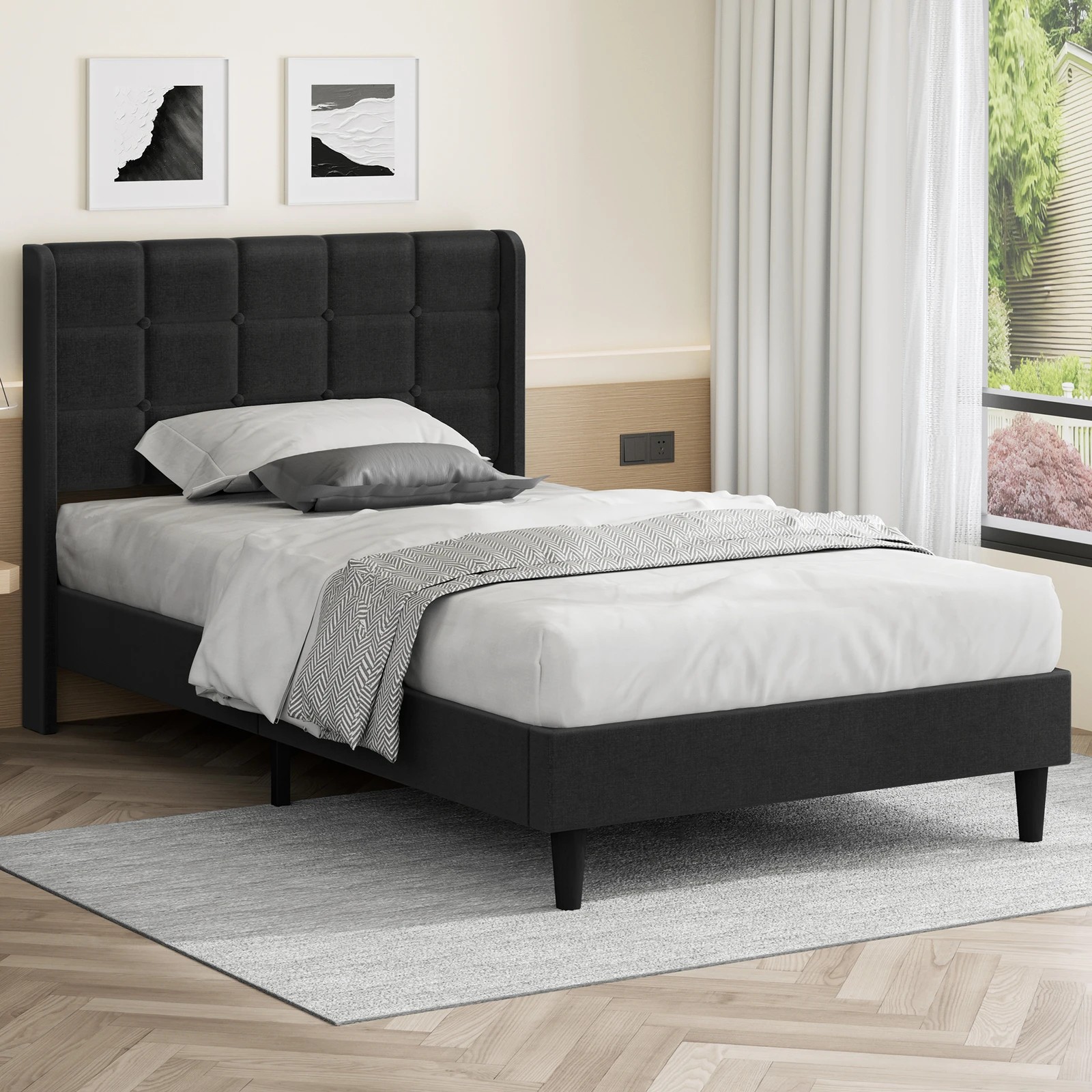 2 Alfordson Bed Frame Single Size Upholstered Wingback Base Fabric Sarah - Charcoal, 2 of 10
