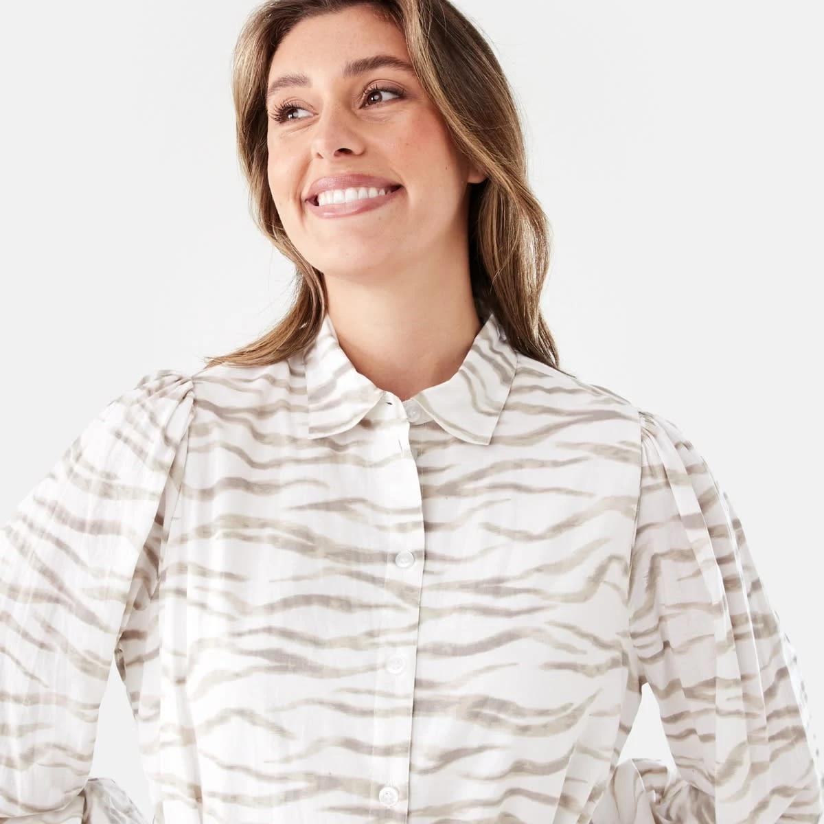 4 Long Balloon Sleeve Tie Waist Mini Dress SOFT ZEBRA CLOUD DANCER, 4 of 8