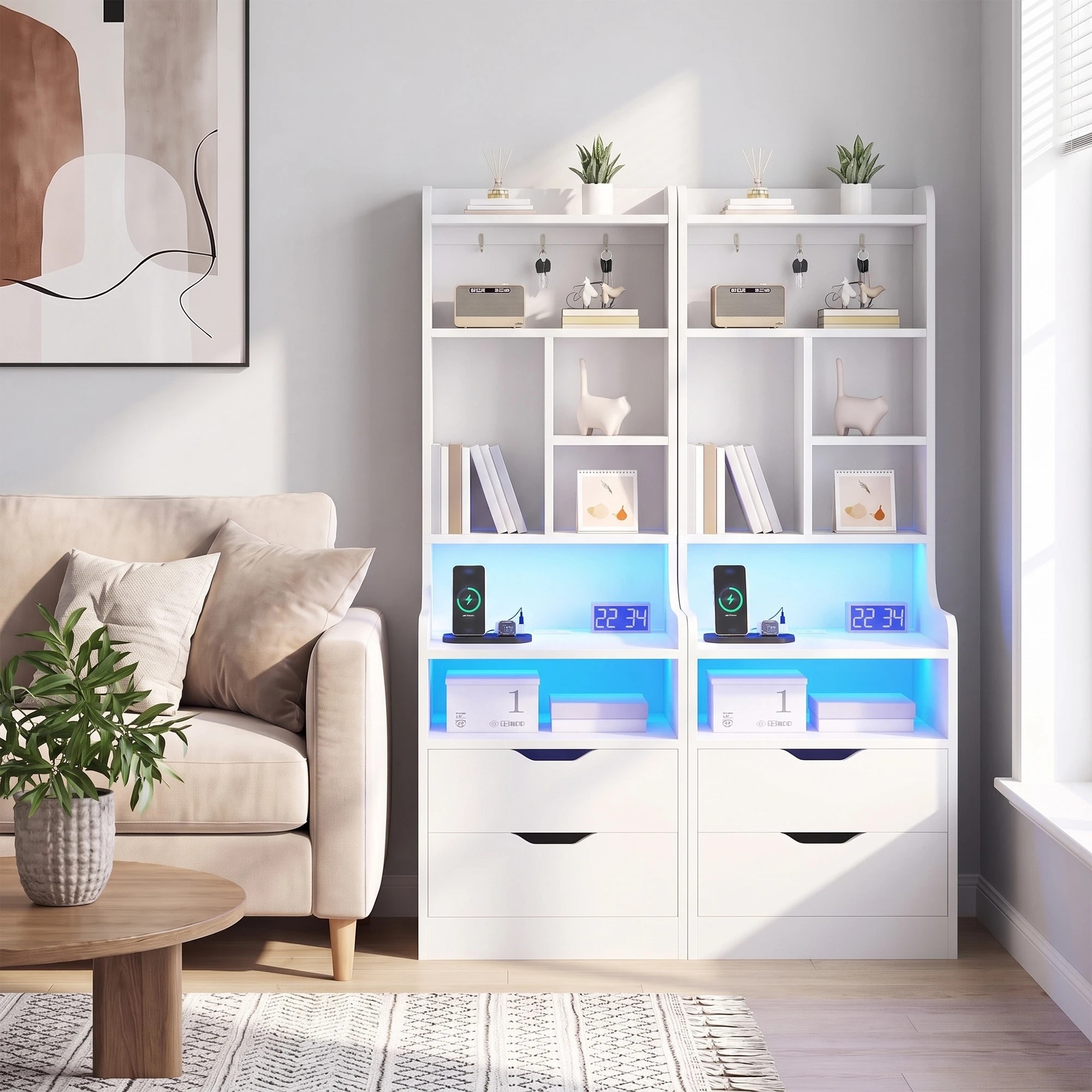 2 Advwin Set of 2 Tall LED Nightstand with Charging Station, 3 Drawers, Shelves & Hooks - White, 2 of 9