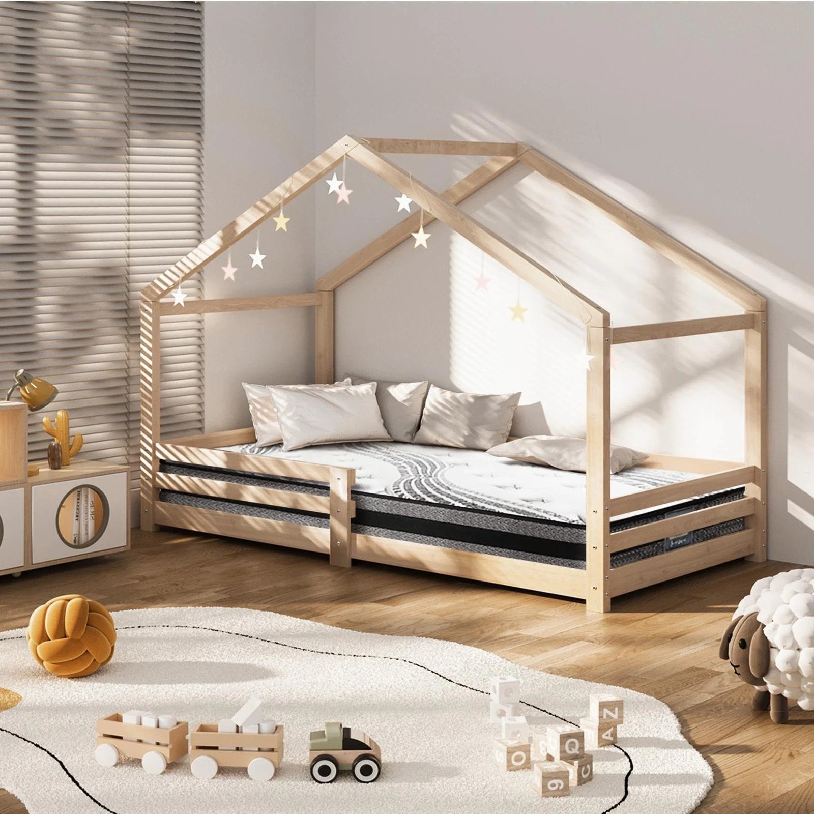 2 Oikiture Kids Bed Frame And Mattress Wooden Timber Toddler House Montessori Base
 - Natural, 2 of 10