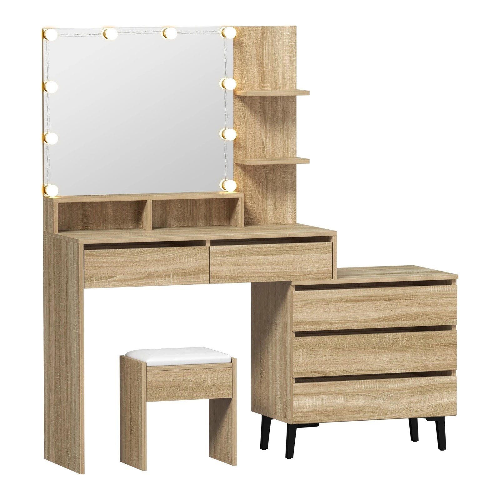 7 Oikiture Dressing Table Stool Set Makeup Mirror 10 Led Bulbs Cabinet
 - Natural, 7 of 9