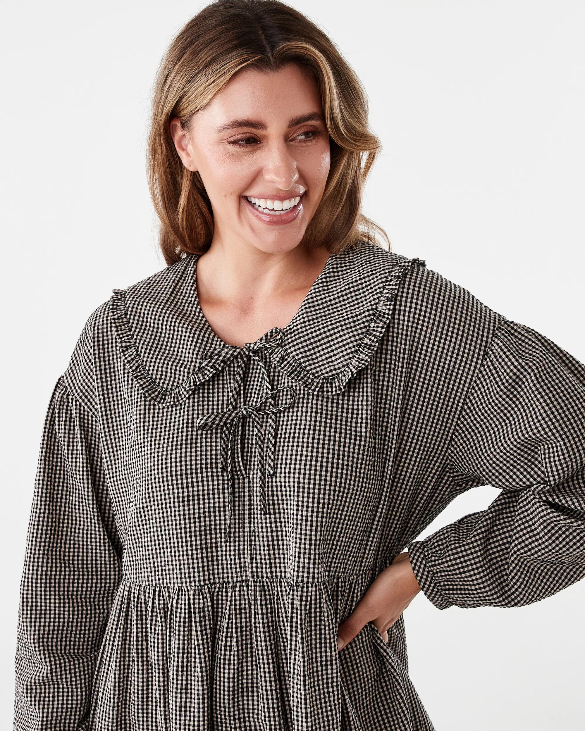 4 Long Sleeve Collared Mini Dress Black Ging, 4 of 8