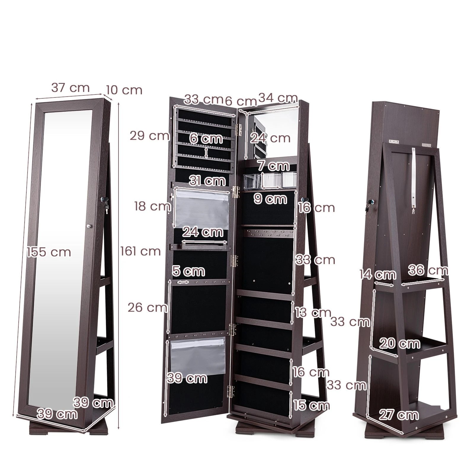 4 Costway Rotating Lockable Jewellery Cabinet Armoire w/Full-Length Mirror Jewelry Organizer - Brown, 4 of 5