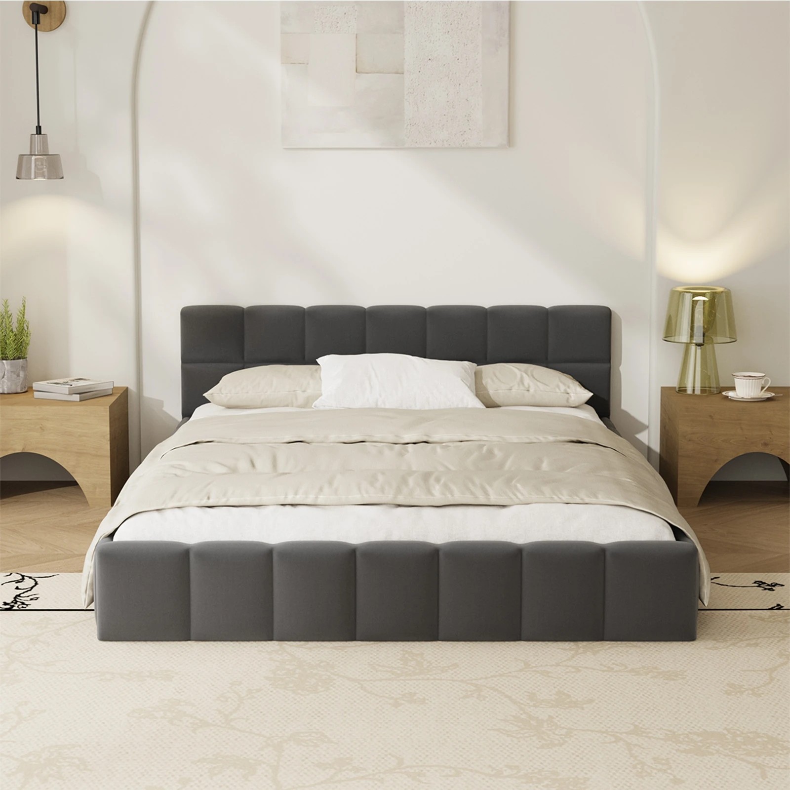 4 Oikiture Bed Frame Double Size Tufted Headboard Velvet - Grey, 4 of 7