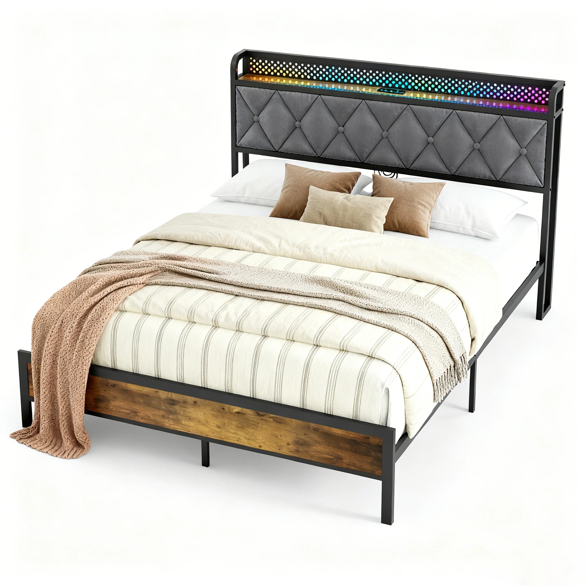 1 Advwin Queen Bed Frame With Charging Station And Rgb Led Lights Storage Headboard Shelf, 1 of 9