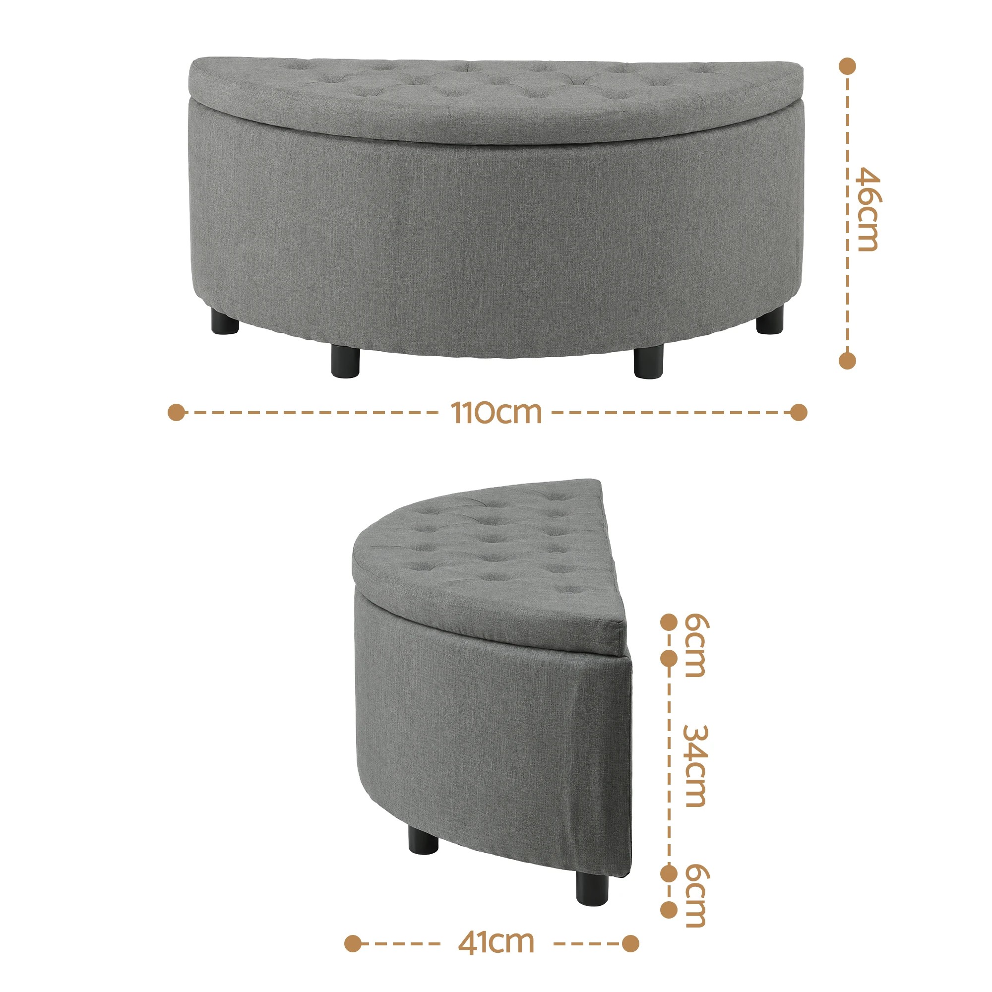 2 Artiss Storage Ottoman Bench Fabric Tufted Half Round Footstool - Grey, 2 of 6