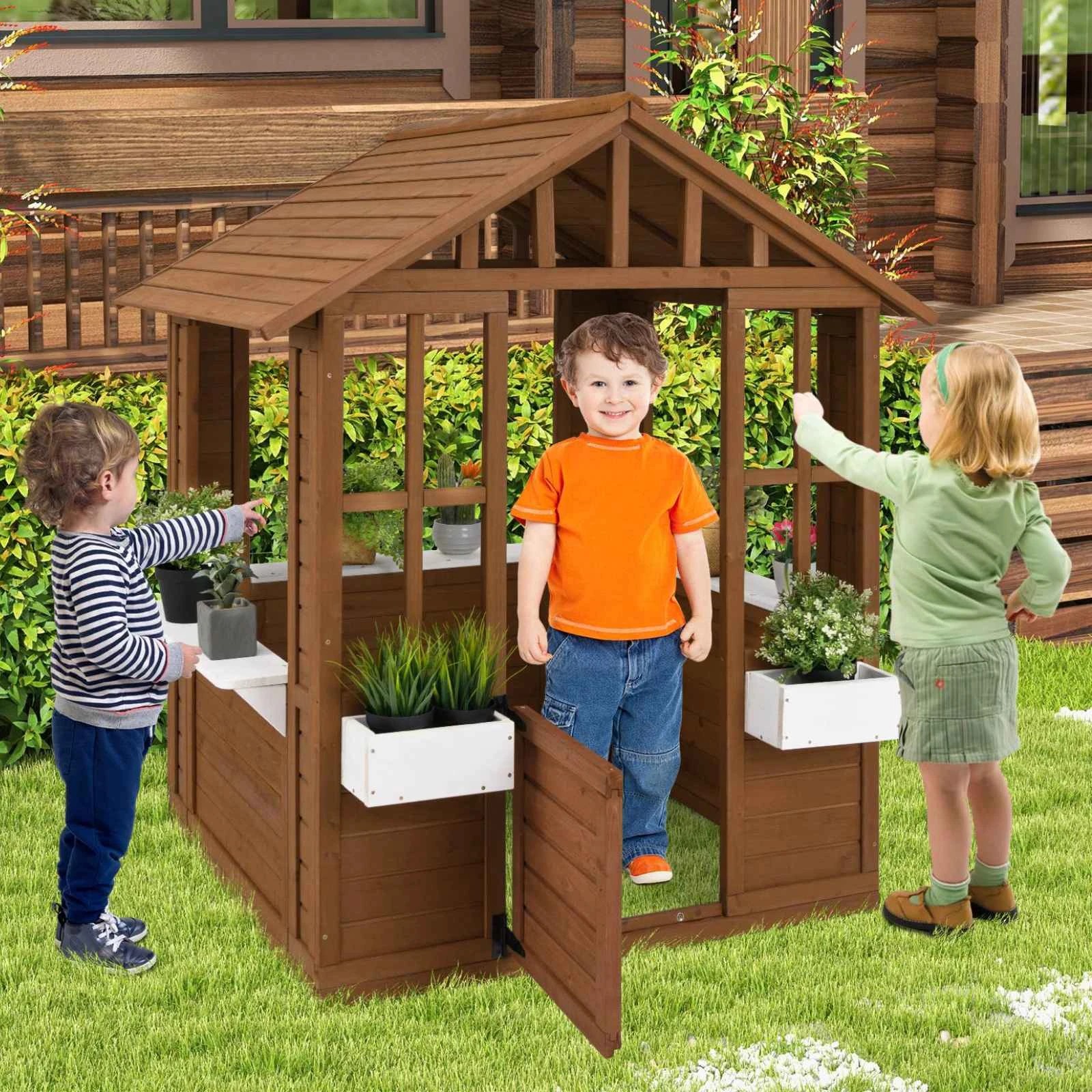 2 Costway Outdoor Cubby House Wood Playhouse Adventure Cottage, 2 of 2