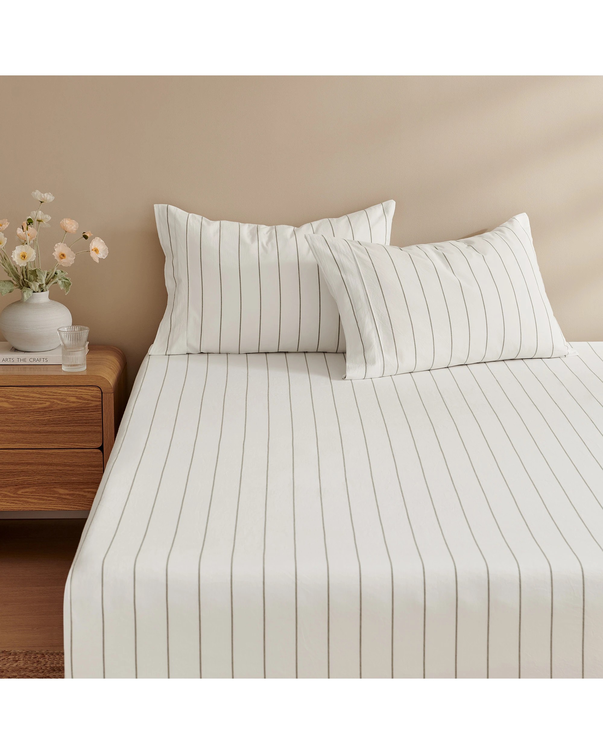 2 Dreamaker Rumi Stripe Washed Cotton Fitted Sheet Set - Double Bed - White with Olive, 2 of 6