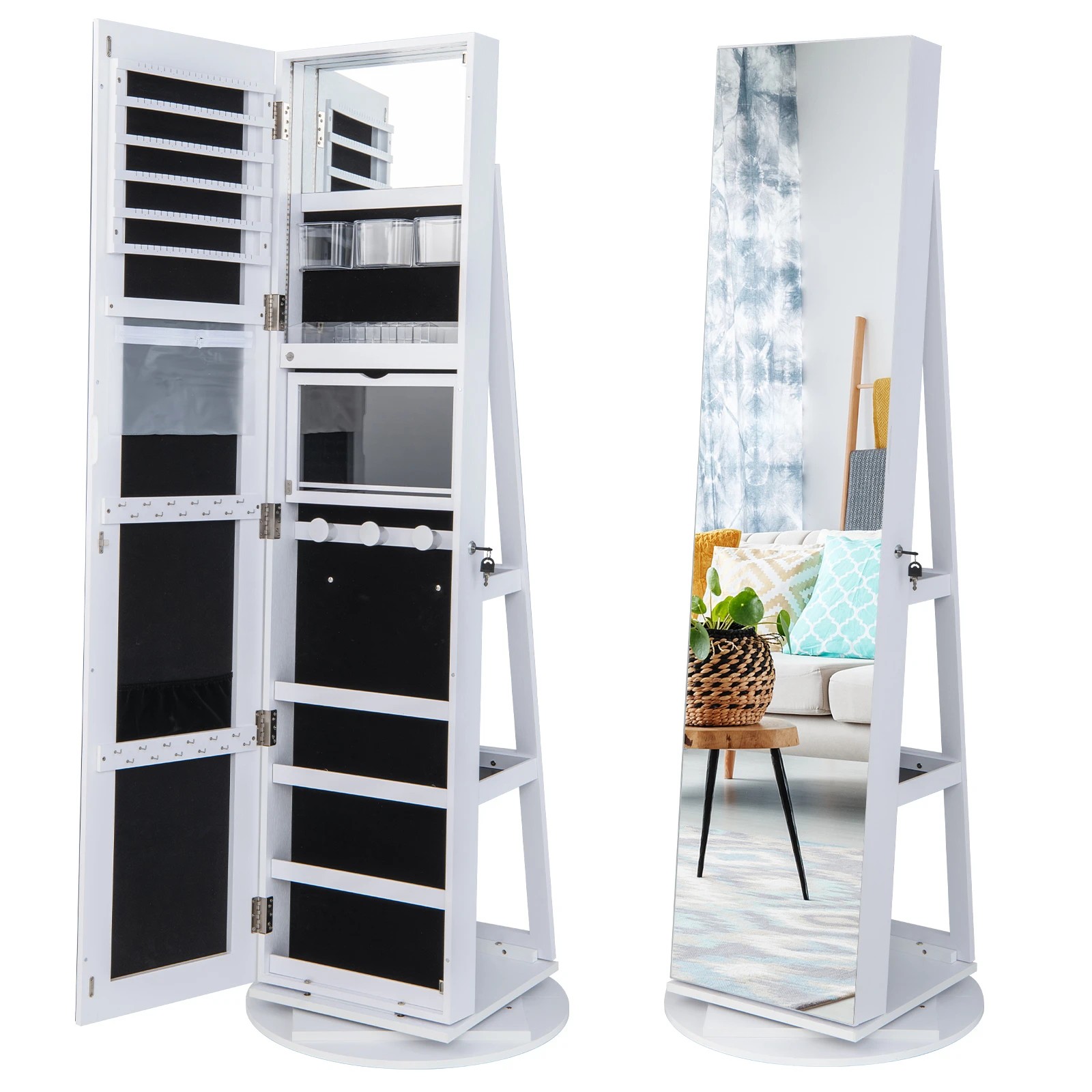 1 Costway 360° Rotating LED Jewellery Cabinet Full Length Mirror Armoire Makeup Cabinet - White, 1 of 5