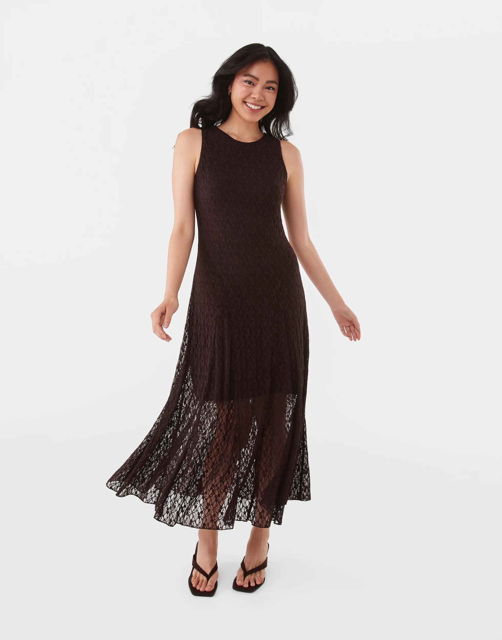 1 Sleeveless Lace Midi Dress Choc Plum, 1 of 6