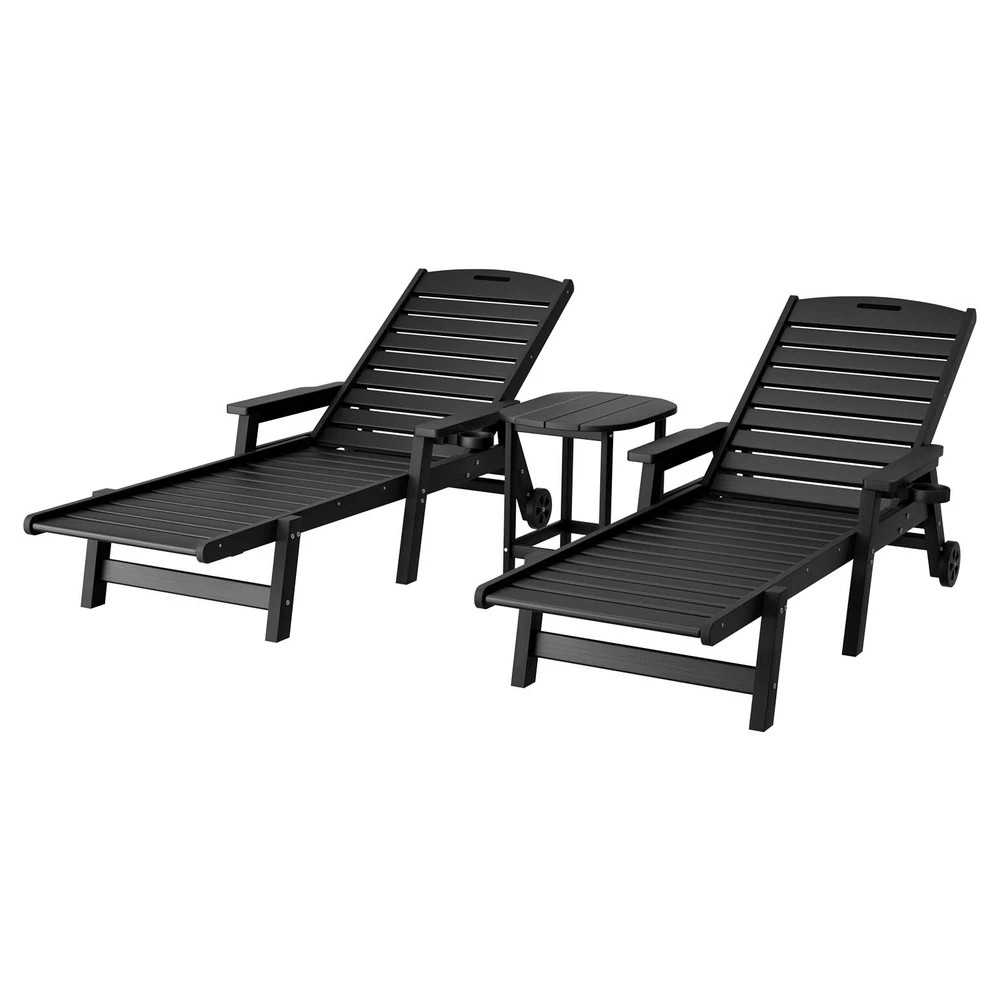 1 Gardeon Sun Lounge Lounger Beach Chair HDPE Patio Outdoor Furniture with Wheels - Black, 1 of 6