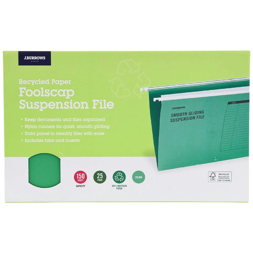 1 J.Burrows Foolscap Suspension Files Green 25 Pack, 1 of 3