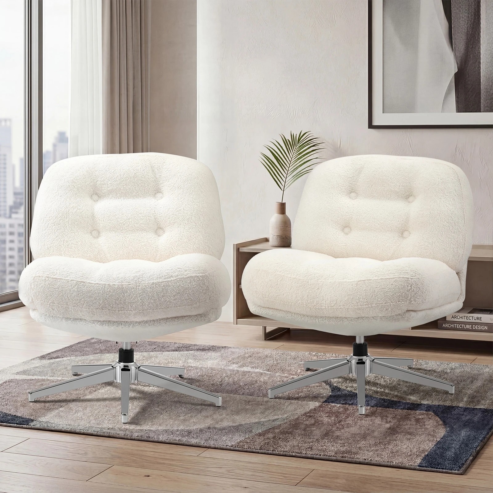 3 Oikiture 2x Armchair Swivel Lounge Chair Padded Accent Chairs Boucle - White, 3 of 10