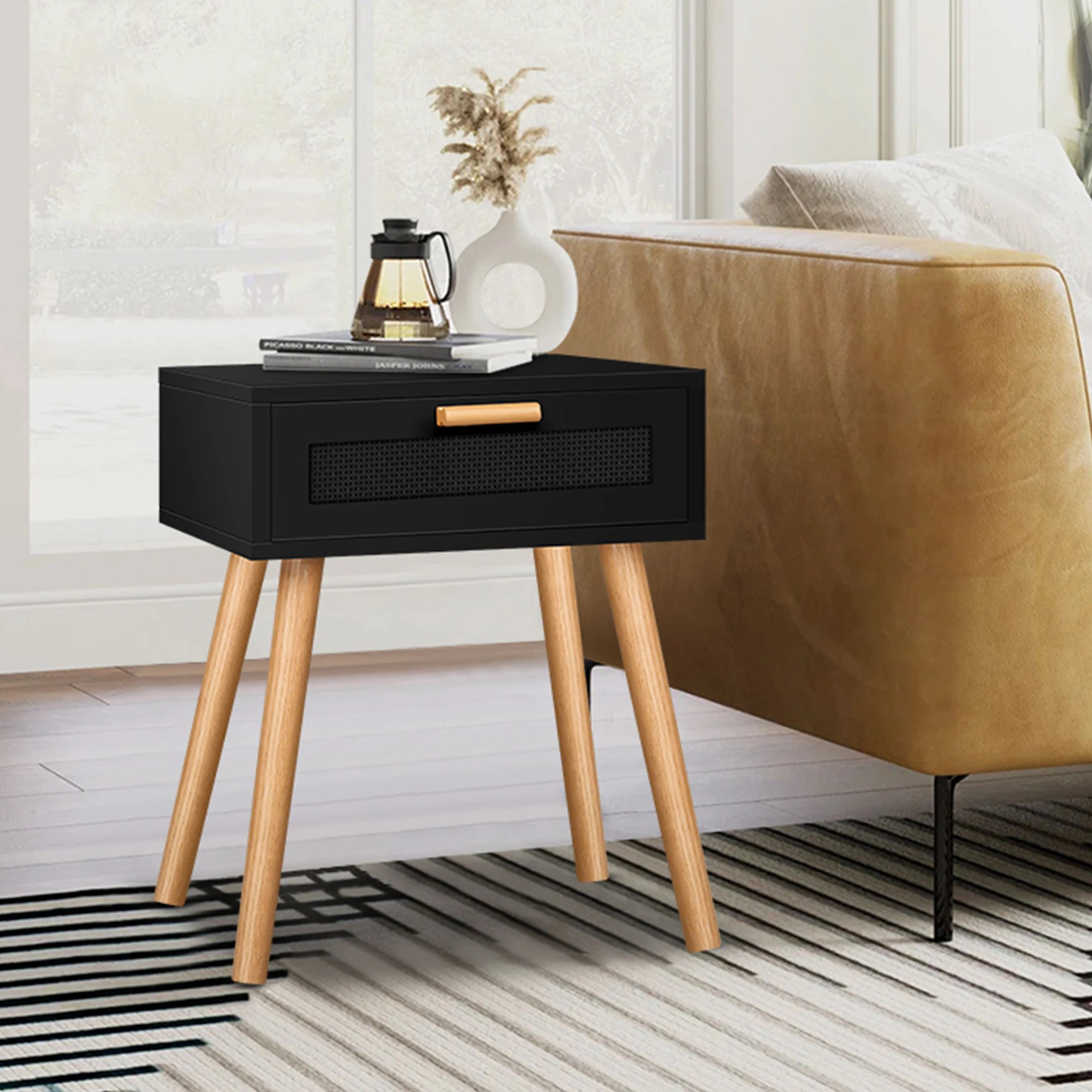 3 Alfordson Bedside Table Nightstand Side Storage Drawer Wooded Rattan - Black, 3 of 10