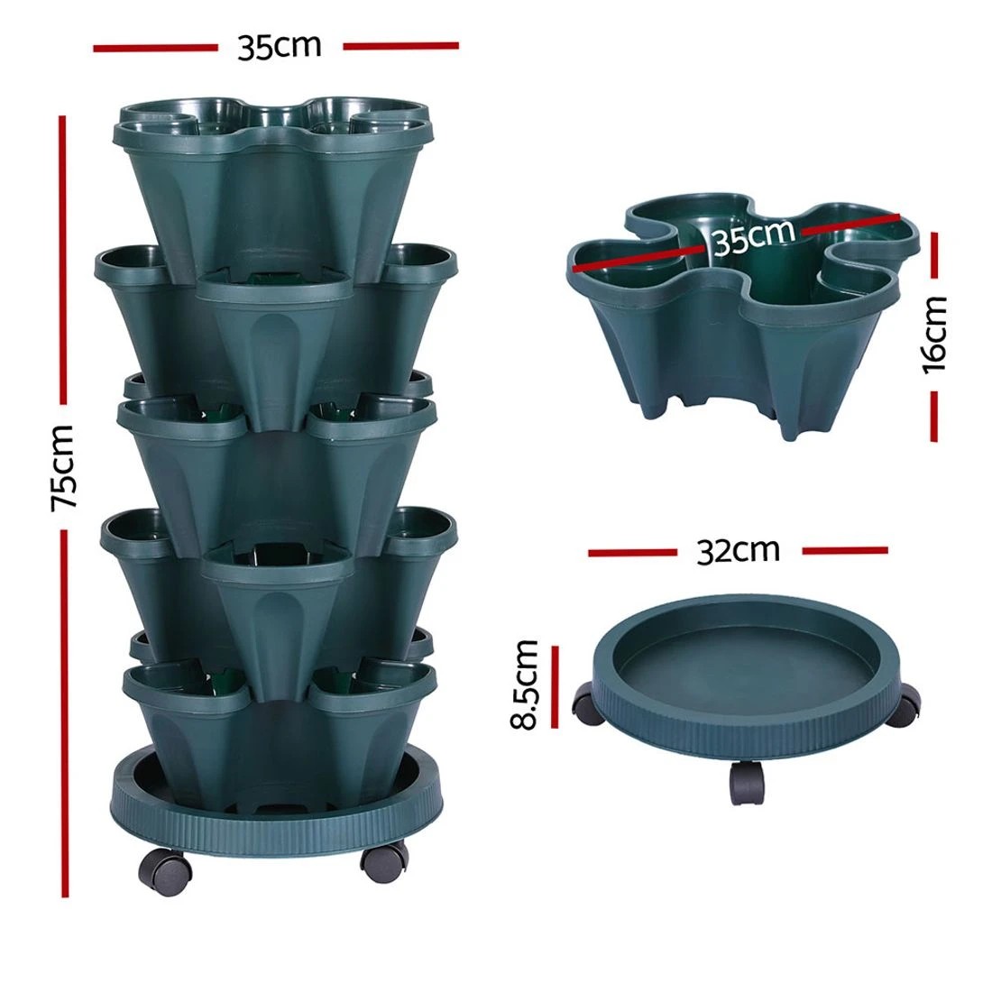 2 Green Fingers Garden Bed 5 Tier Vertical Garden Strawberry Stackable Planters Herbs Petunias - Green, 2 of 7