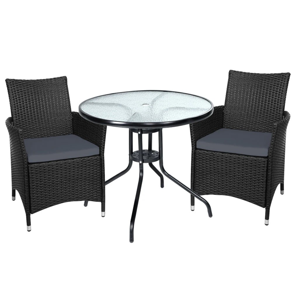 1 Gardeon 3PC Bistro Set Outdoor Furniture Rattan Table Chairs Cushion Patio - Black, 1 of 5