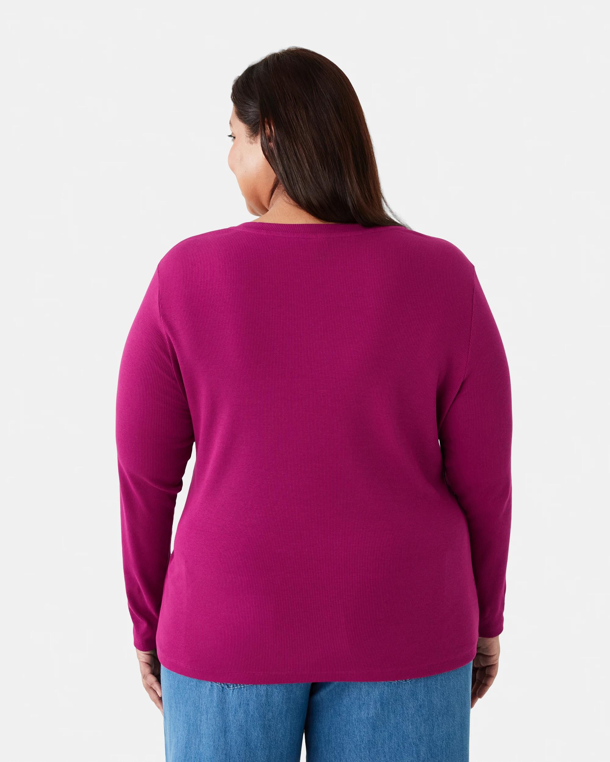 2 Curve Long Sleeve V-Neck Rib Top Fuscia, 2 of 4