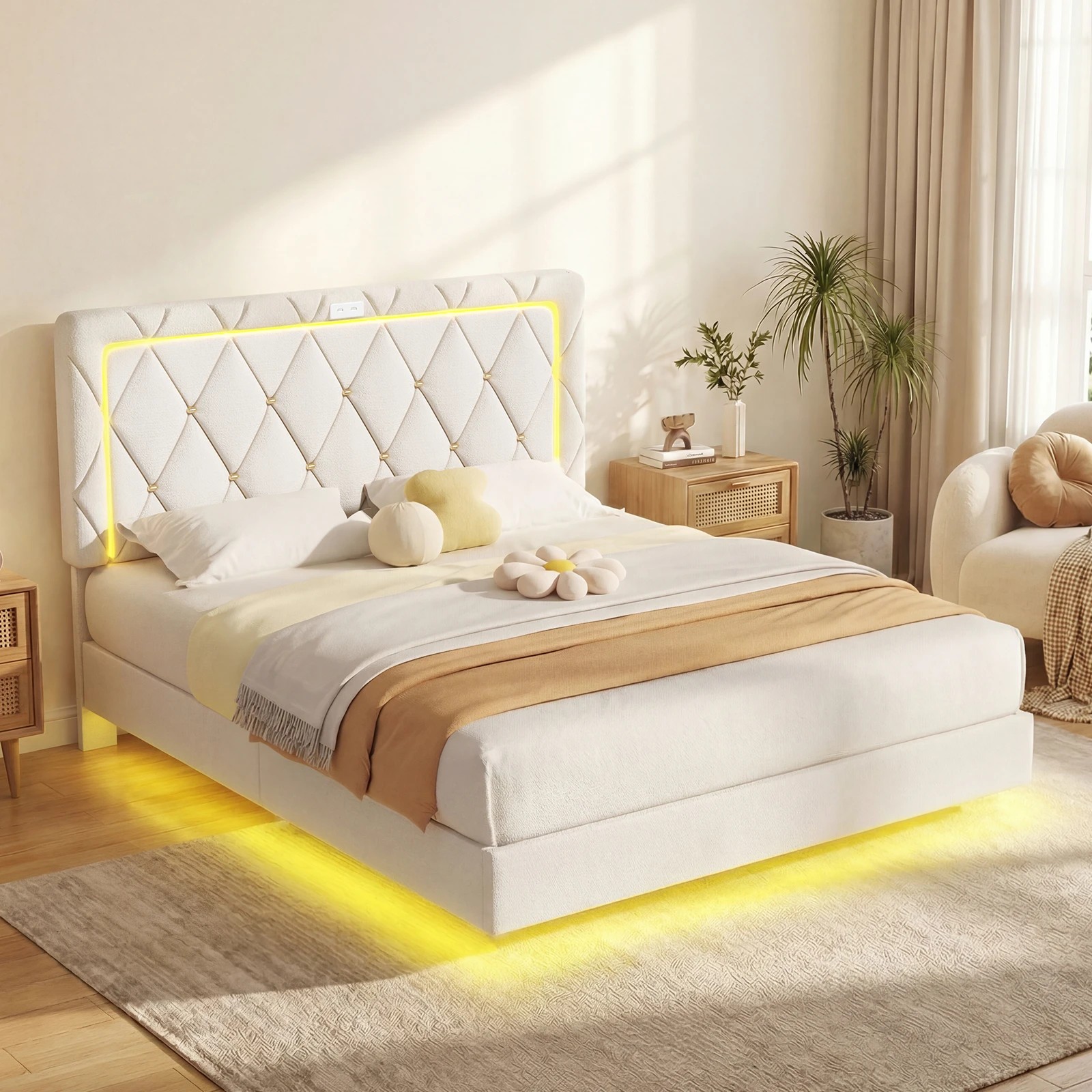 2 Advwin Double Velvet Button-Tufted Floating Bed Frame with LED and USB - Beige, 2 of 9