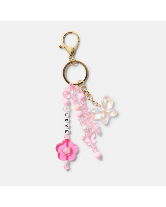 Love Bead Charm Keyring - Gold Tone, Pink and White