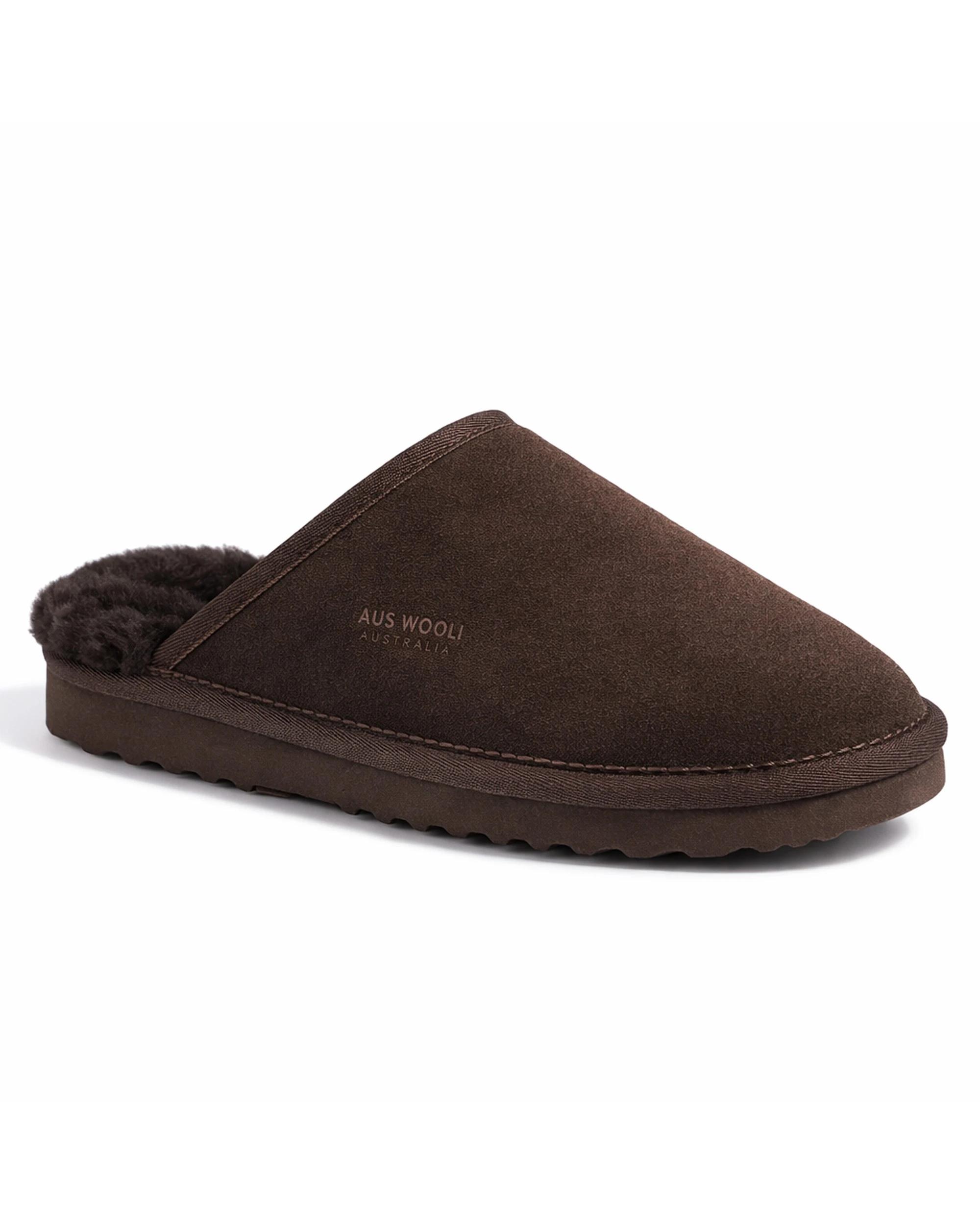 1 AUS WOOLI Sheepskin Wool Manly Slippers CHOCOLATE, 1 of 6