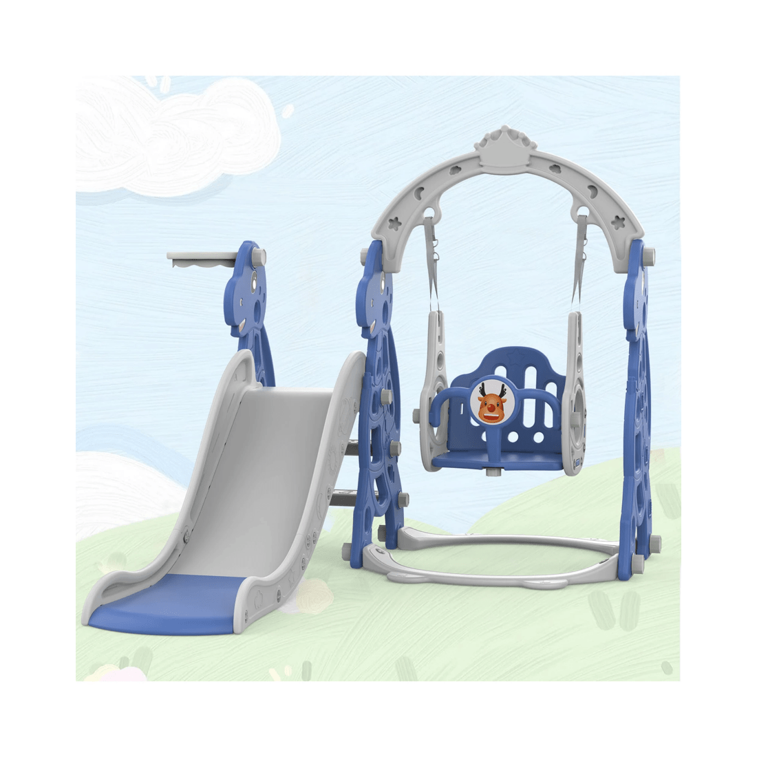 3 Advwin 4-in-1 Kids Slide Swing Set with Basketball Hoop Blue, 3 of 8