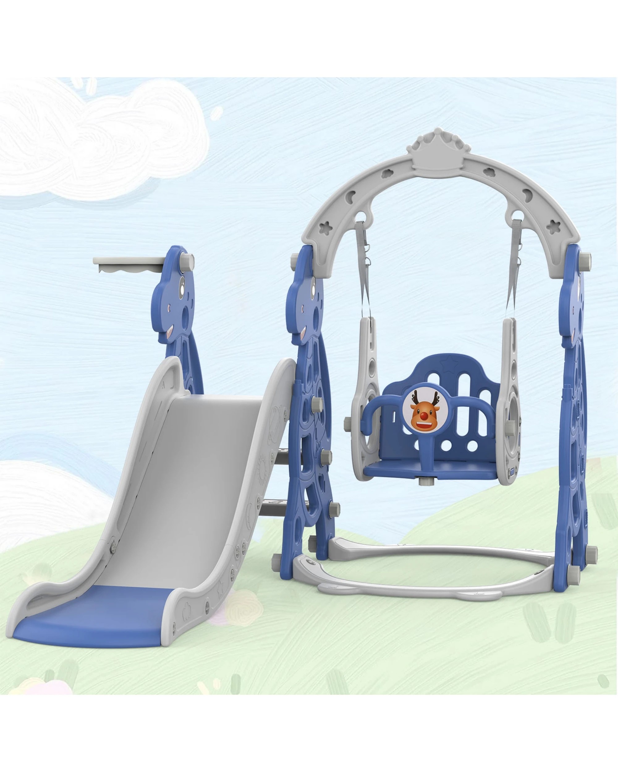 3 Advwin 4-in-1 Kids Slide Swing Set with Basketball Hoop Blue, 3 of 8