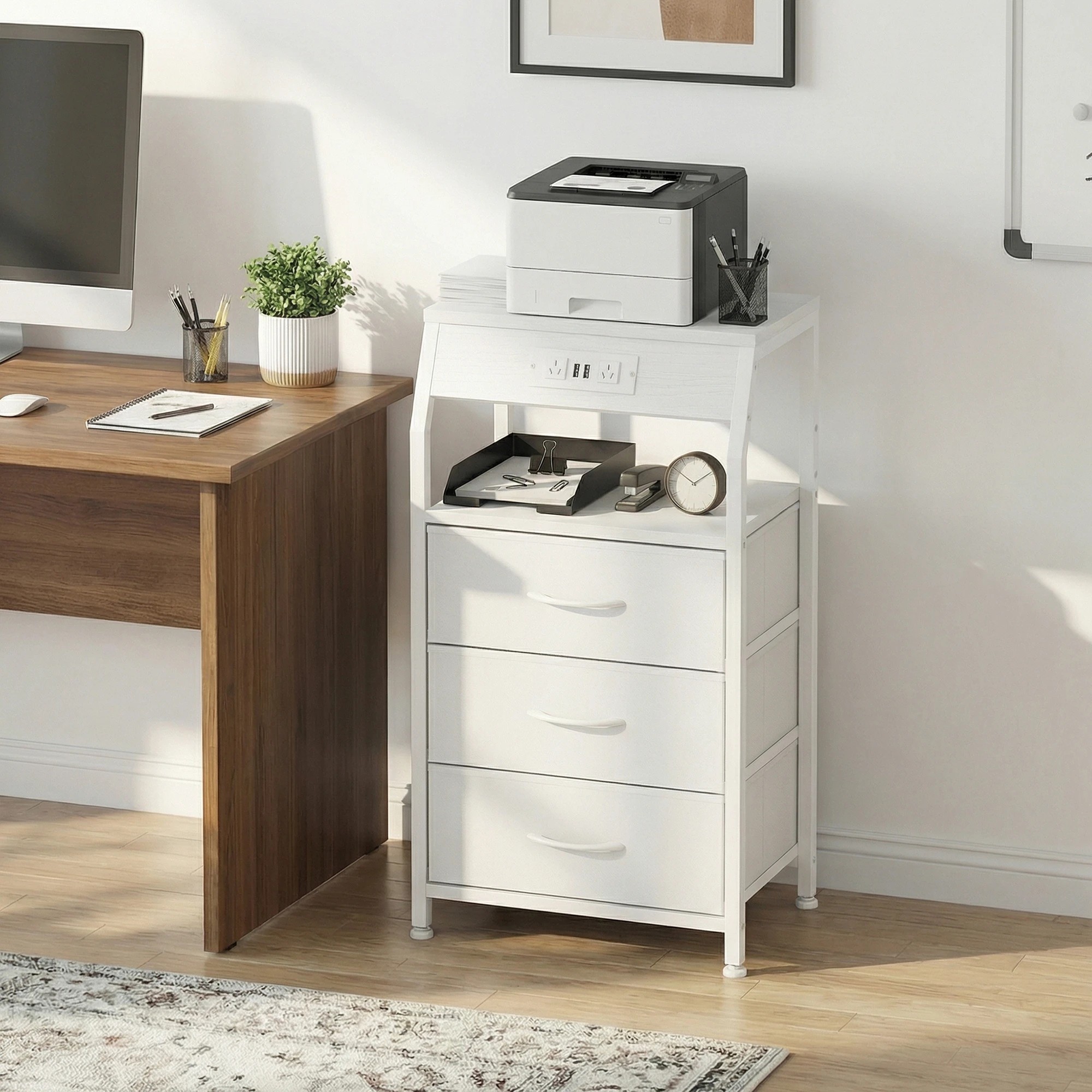 8 Advwin Bedside Table with Charging Station 3 Fabric Drawers Nightstand - White, 8 of 9